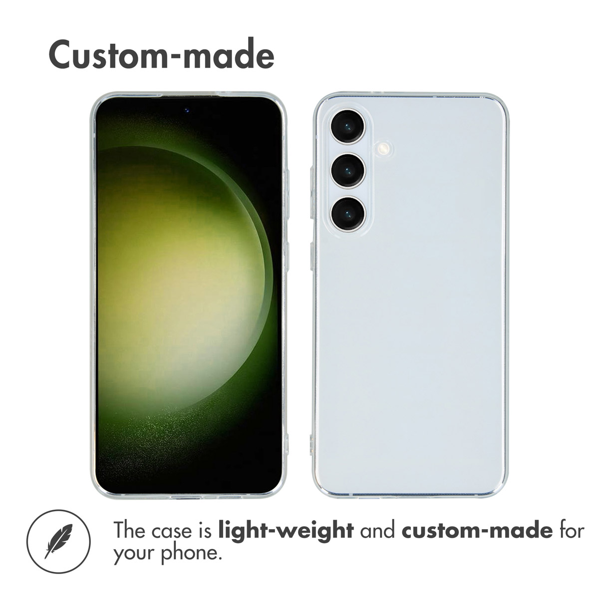 Vista frontal y trasera de un teléfono inteligente con funda protectora transparente y ligera.