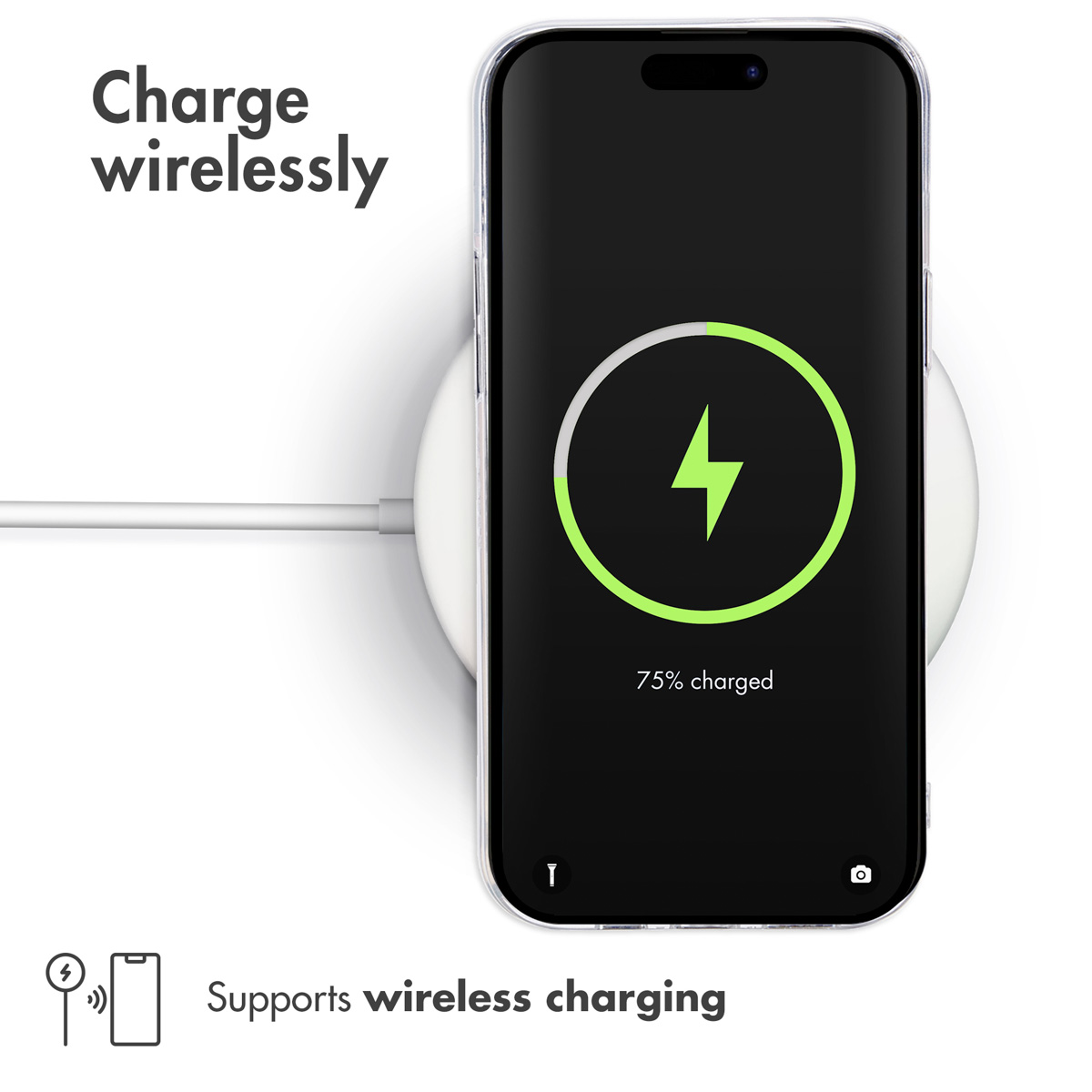 Smartphone cargando inalámbricamente en una base blanca con 75% de batería.