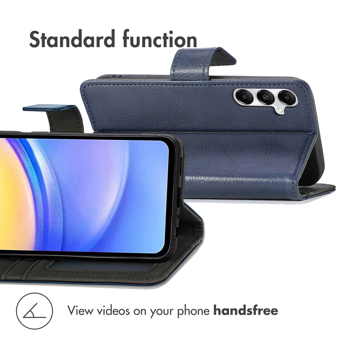 Una custodia per telefono in pelle blu mostra fronte e retro con uno smartphone.