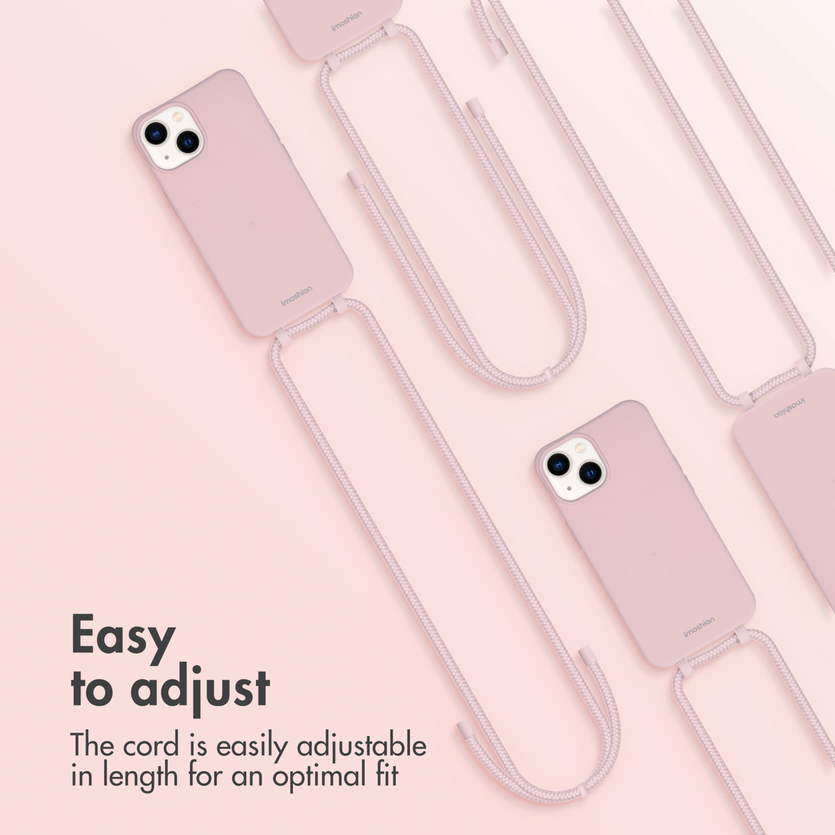 Cover per cellulare rosa con cordini regolabili su sfondo rosa.