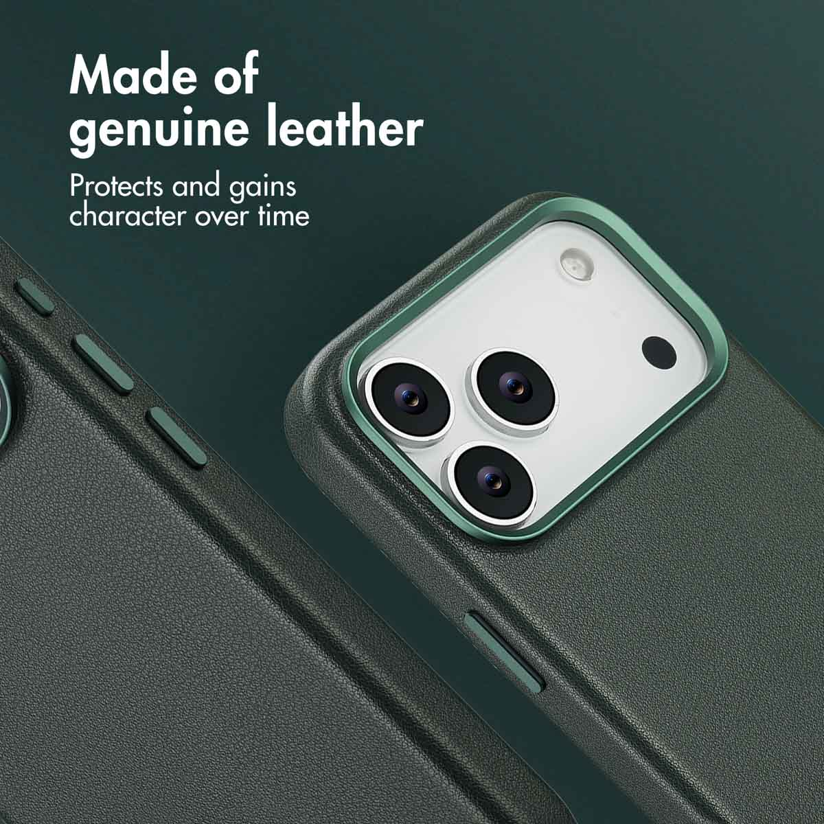 Coque de téléphone en cuir vert foncé avec texte sur sa fabrication en cuir véritable.