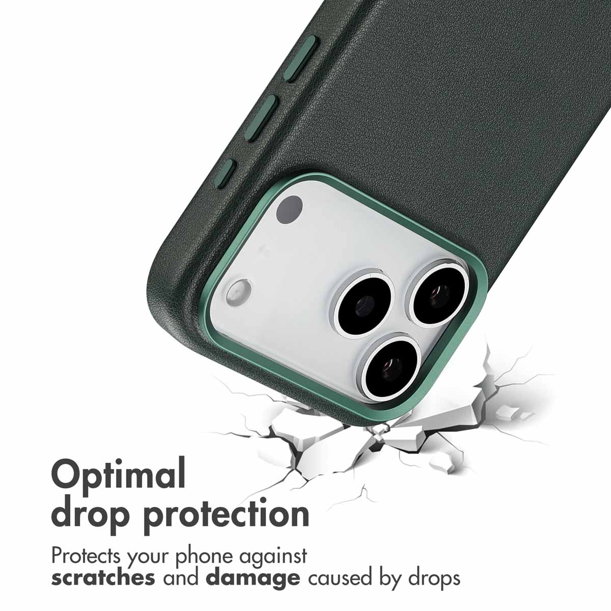 Coque de smartphone vert foncé avec découpe pour appareil photo sur fond blanc avec du texte.