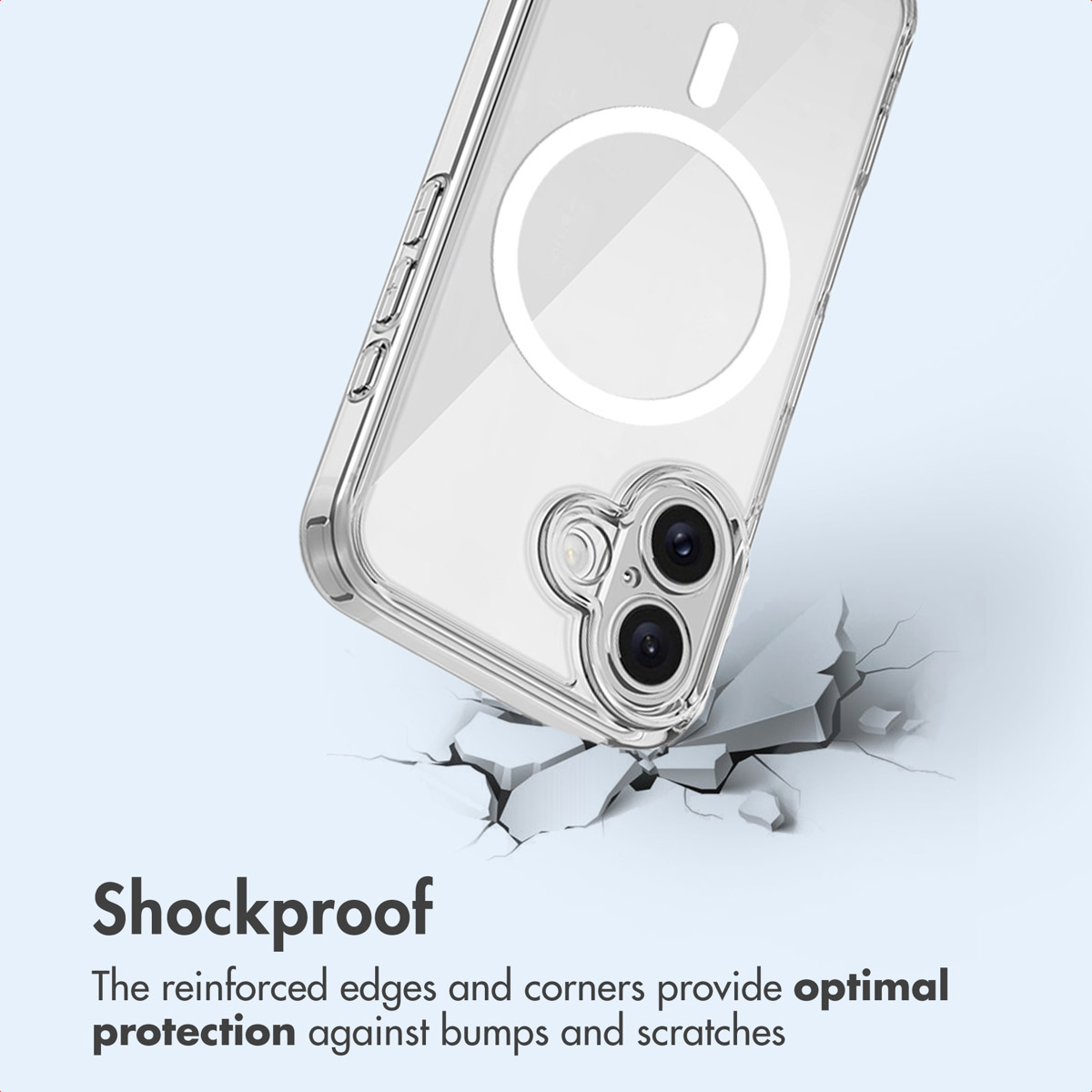 Una funda protectora transparente con anillo magnético sobre una superficie agrietada, texto abajo.