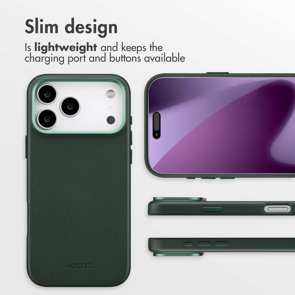 Coque de smartphone fine vert foncé avec des découpes pour les caméras, les ports et les boutons.