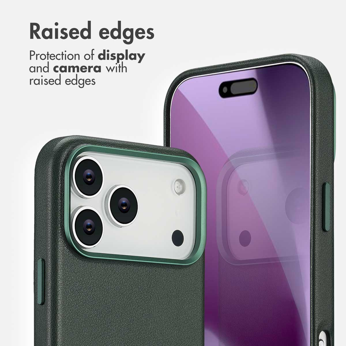 Smartphone dans une coque de protection verte avec des bords surélevés.