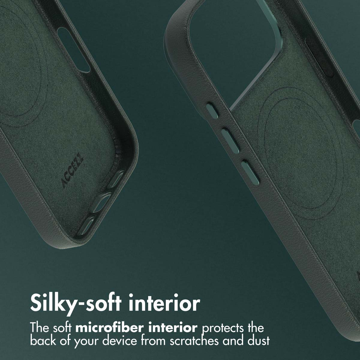 Deux coques de smartphone vert foncé sur fond sombre, mettant en valeur l'intérieur en microfibre douce.