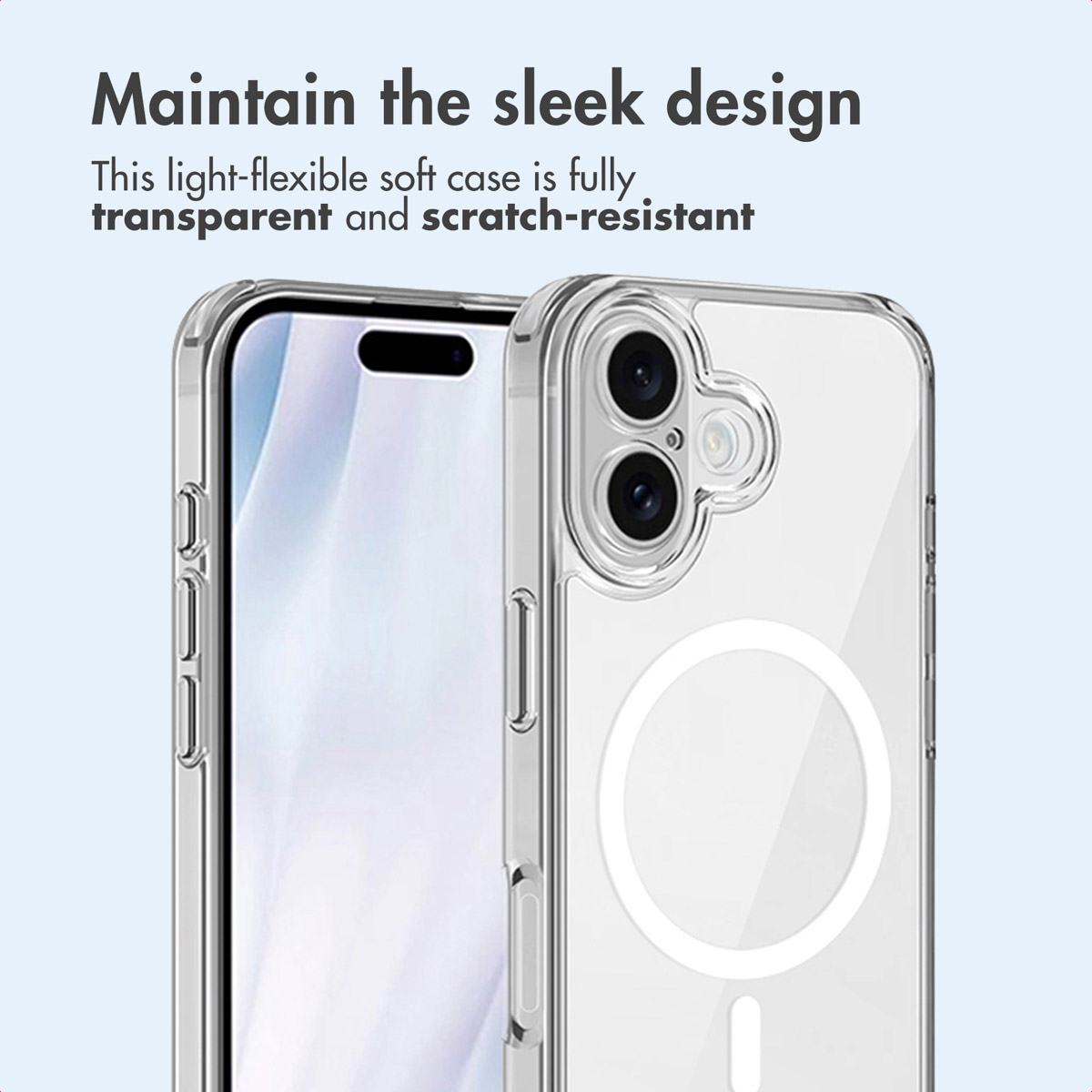 Una funda de móvil MagSafe transparente en un smartphone, con texto de marketing arriba.