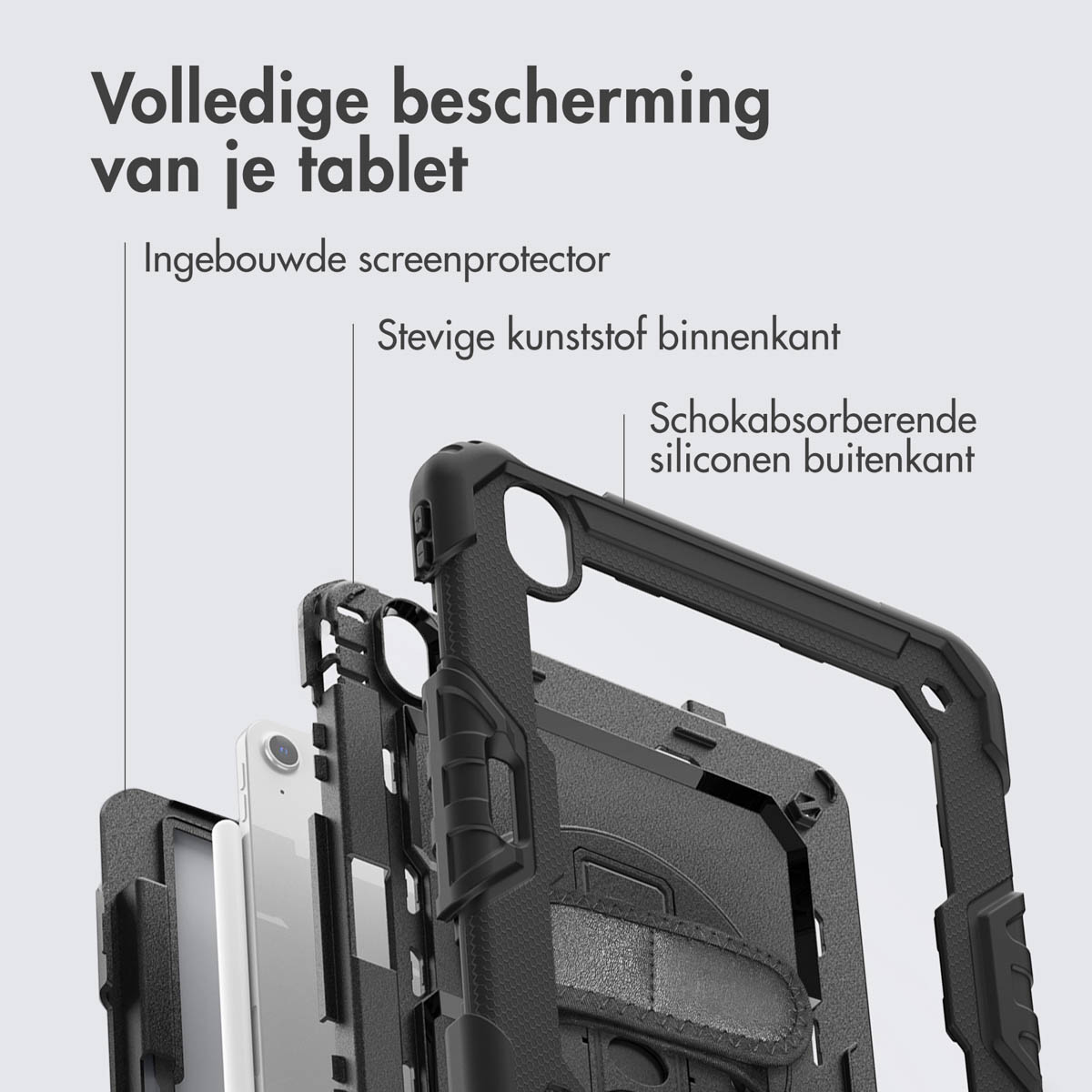 Exploded view of a black protective tablet case with built-in screen protector and shock-absorbing silicone.