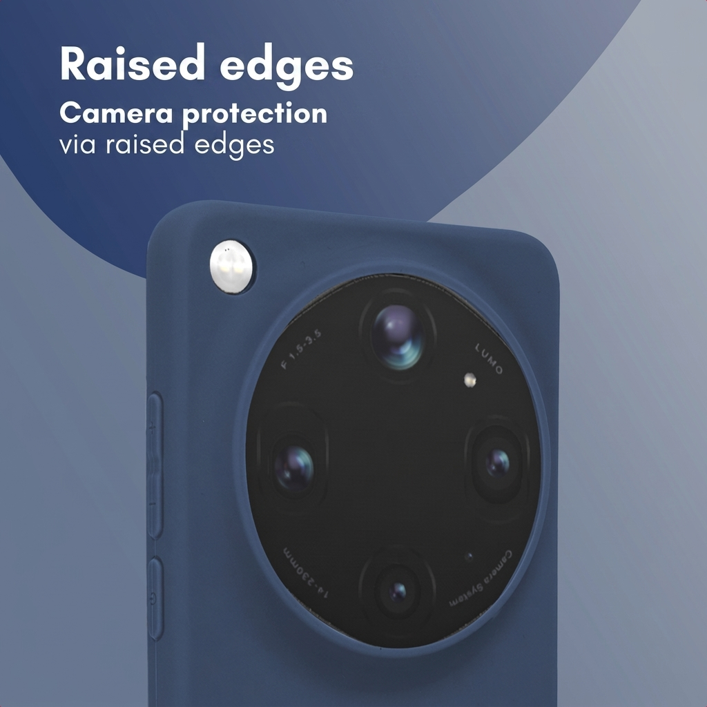 Funda azul para smartphone con bordes elevados para proteger la cámara.