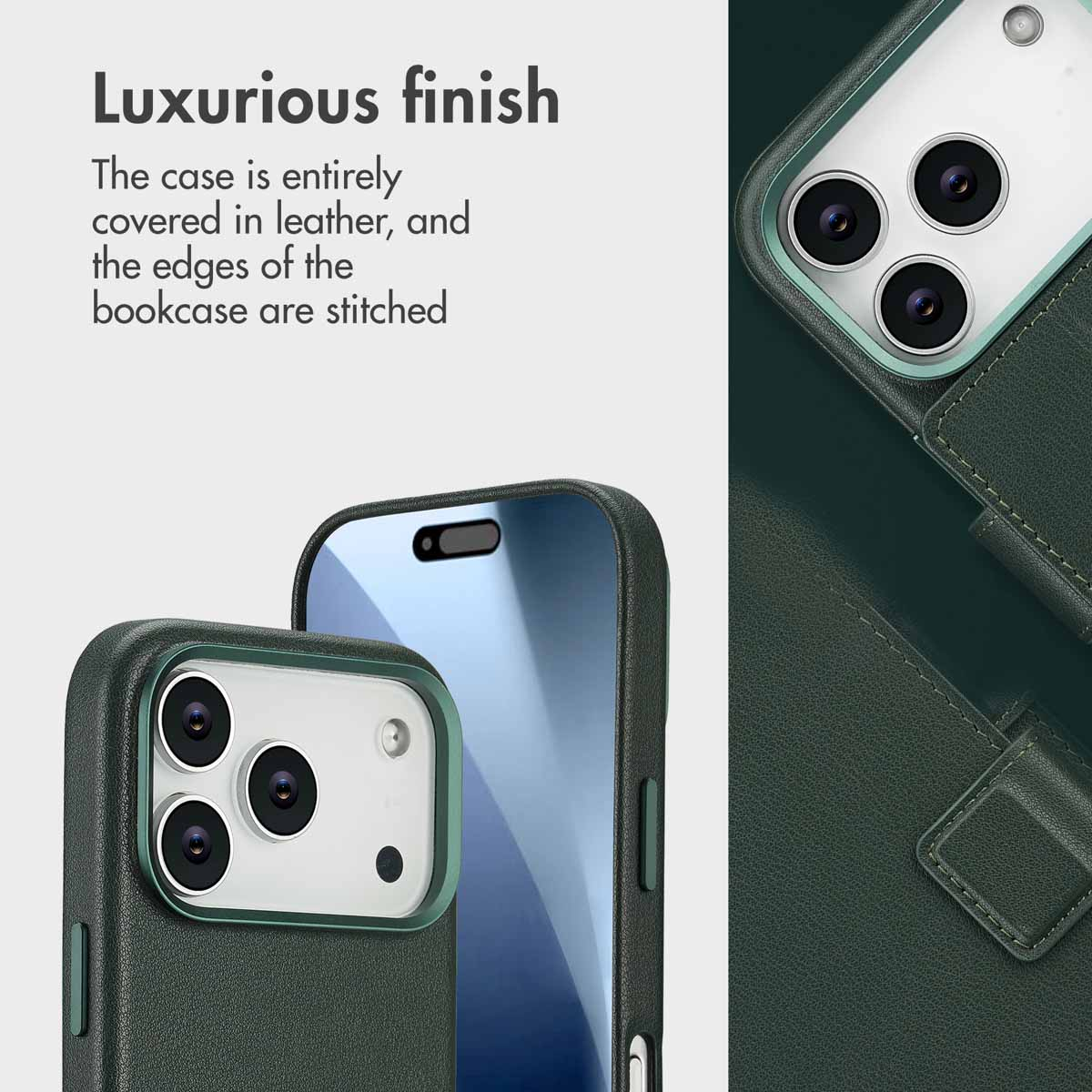 Primo piano di una custodia in pelle verde con bordi cuciti e ritagli per la fotocamera, con testo promozionale.