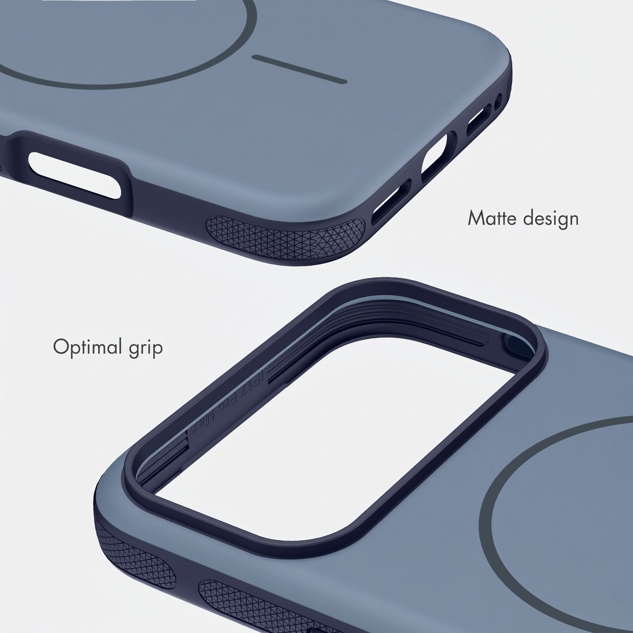 Custodia per smartphone blu opaca con impugnature laterali testurizzate e ritagli precisi su sfondo chiaro.