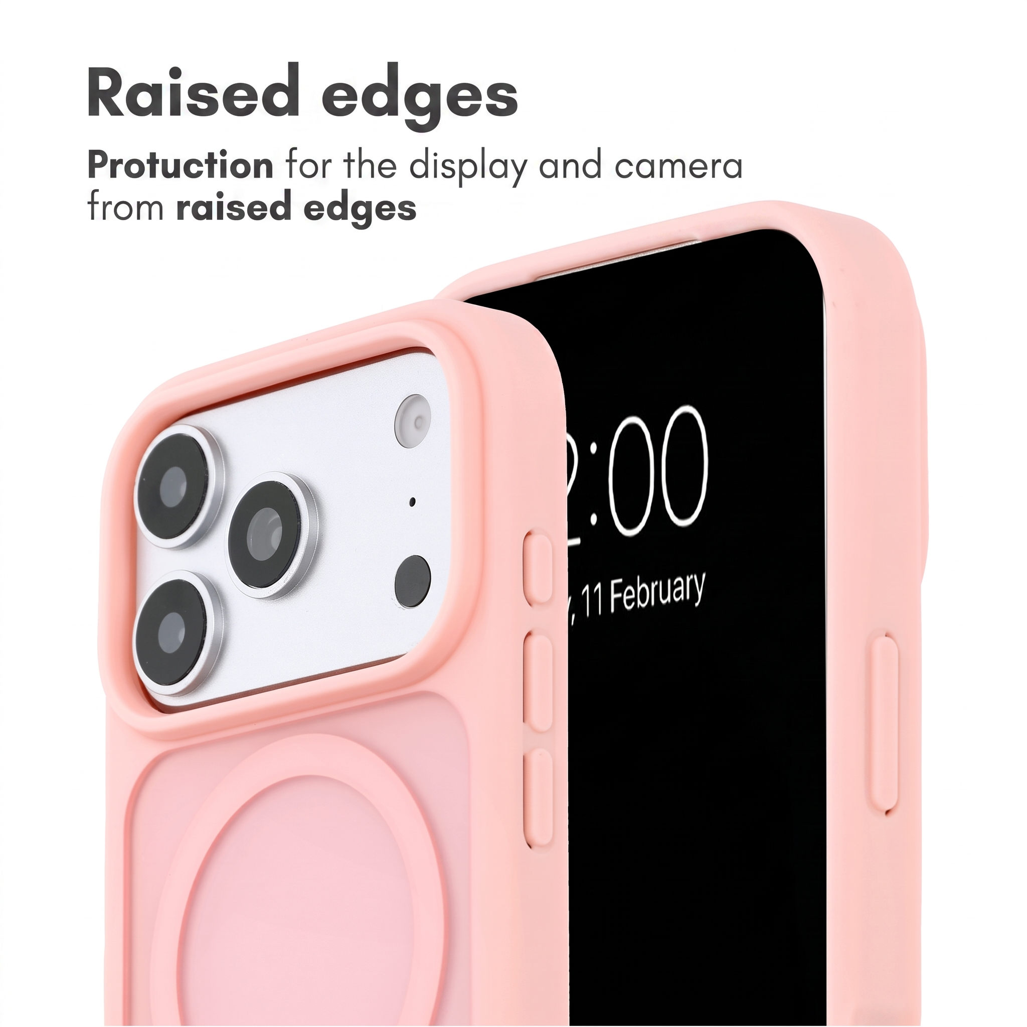 Custodia per smartphone rosa con bordi rialzati per proteggere fotocamera e schermo.