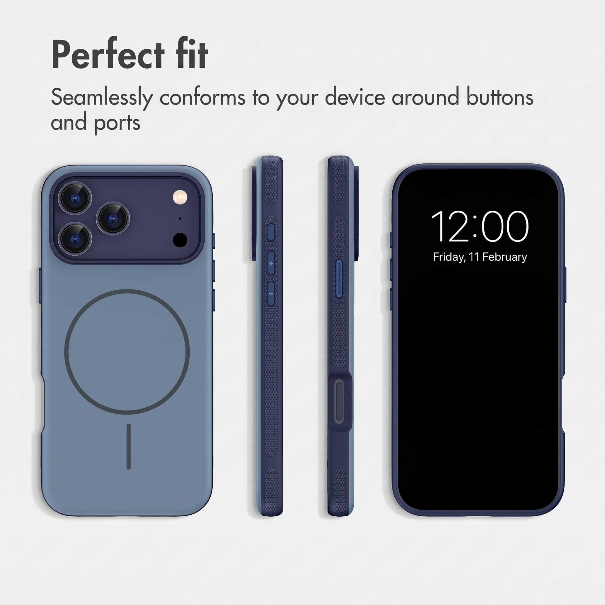 Custodia blu per smartphone mostrata da più angolazioni con anello magnetico e ritagli precisi.