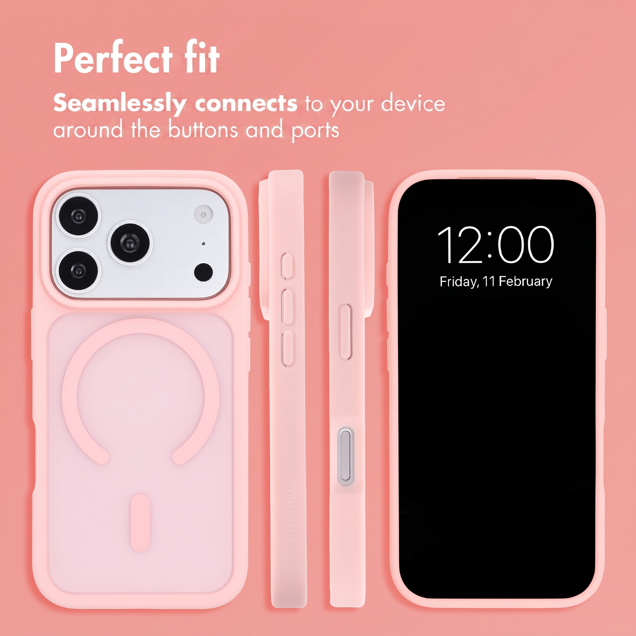 Custodia per smartphone rosa mostrata da più angolazioni su sfondo rosa con testo.