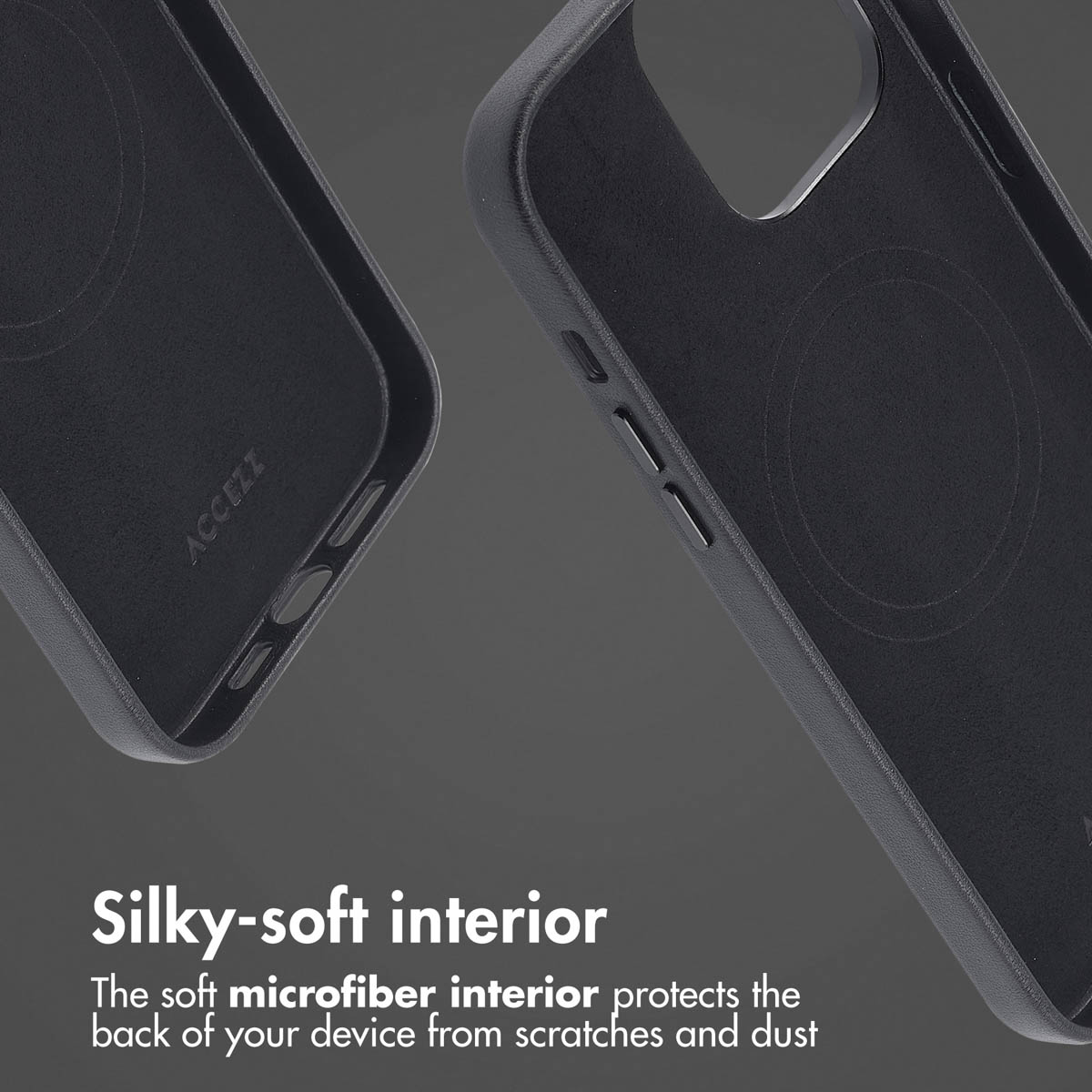 Deux coques de téléphone noires montrent l'intérieur en microfibre douce et le texte Silky-soft interior.
