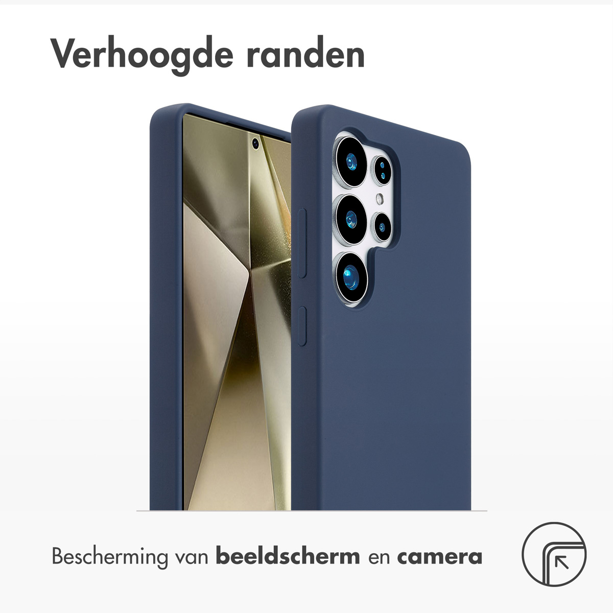 Funda azul para smartphone que muestra bordes elevados para la protección de pantalla y cámara.