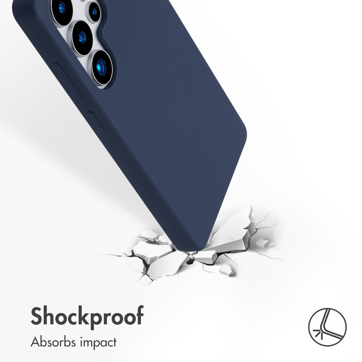 Una funda de móvil azul oscuro impacta contra una superficie blanca agrietada, mostrando absorción de impactos.