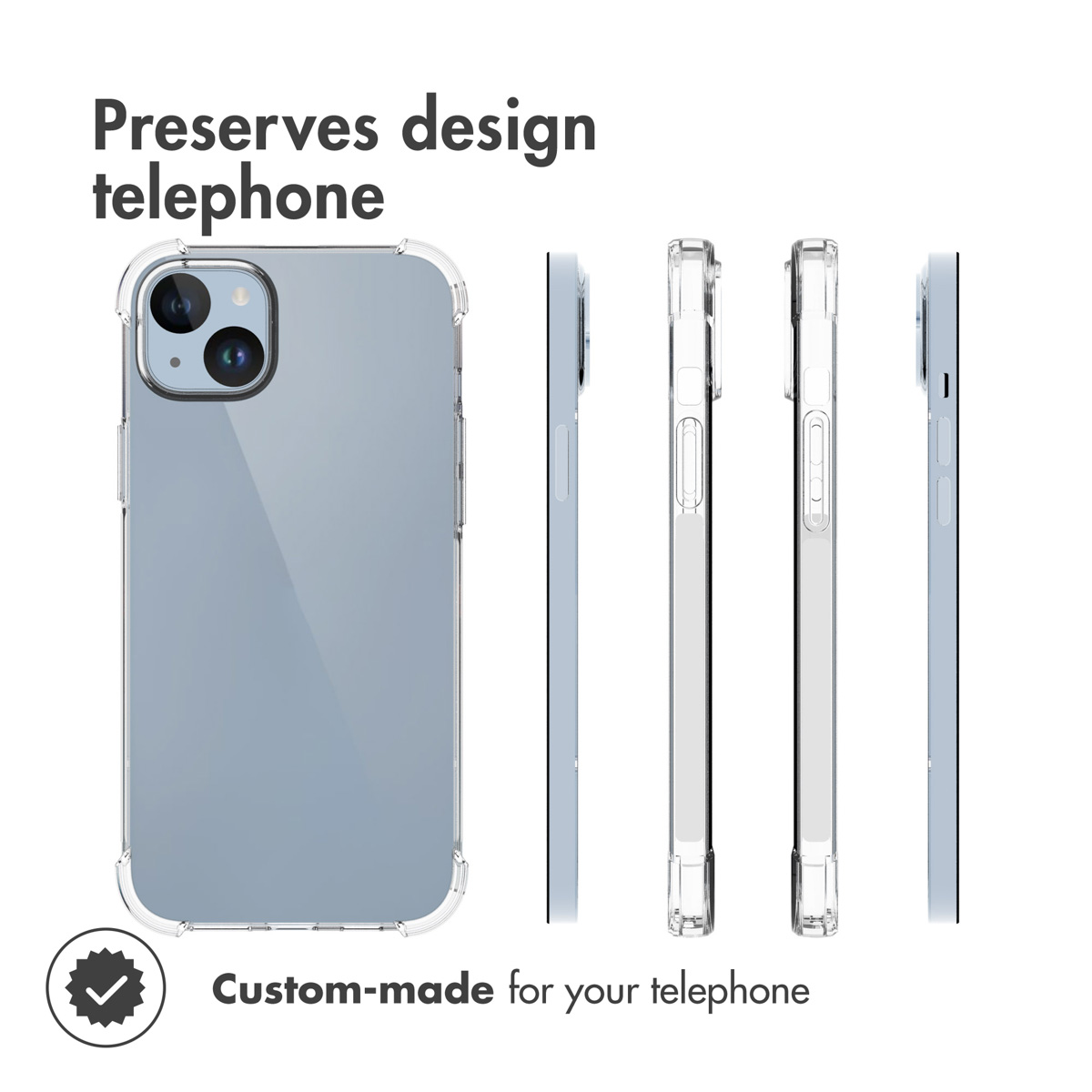 Funda transparente para teléfono que preserva el diseño y está hecha a medida.