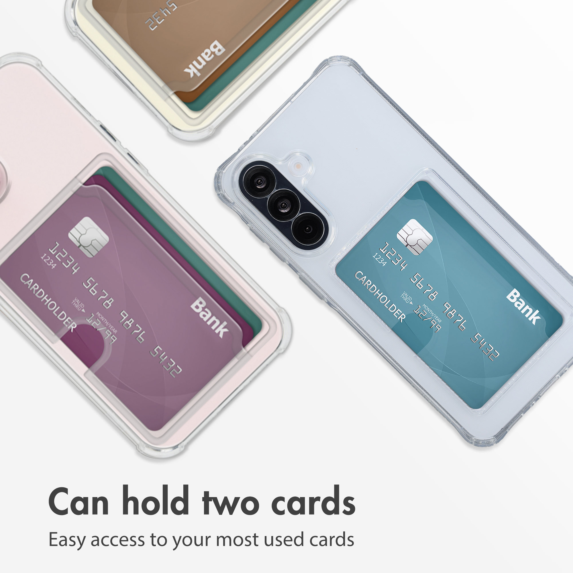 Tres fundas de teléfono transparentes con tarjeteros integrados en la parte posterior, cada una con tarjetas bancarias.