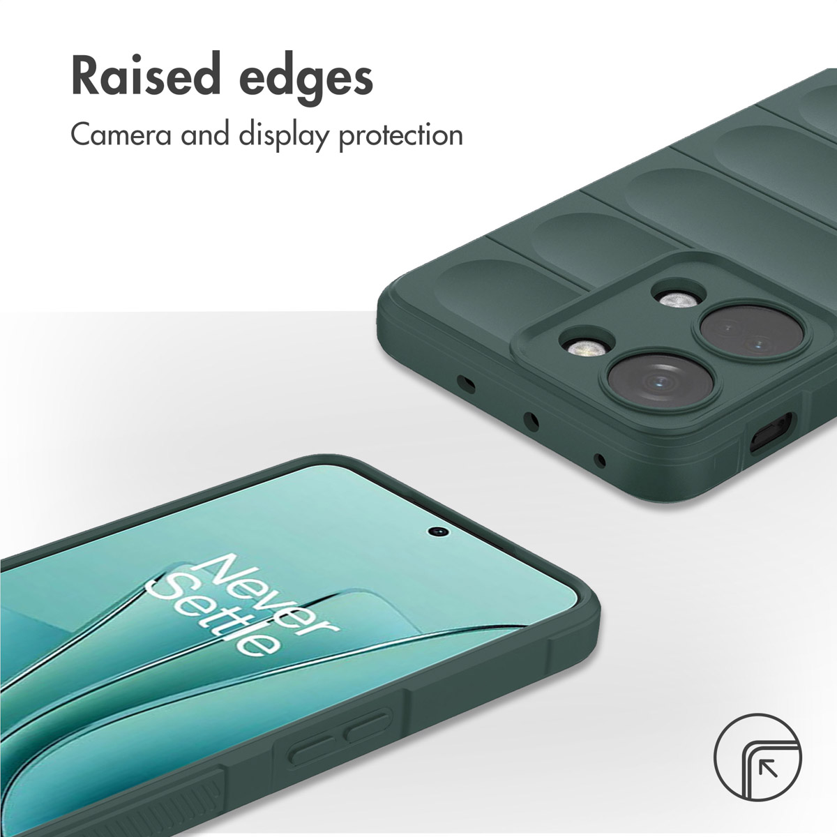Custodia verde per telefono con bordi rialzati per protezione di fotocamera e display.