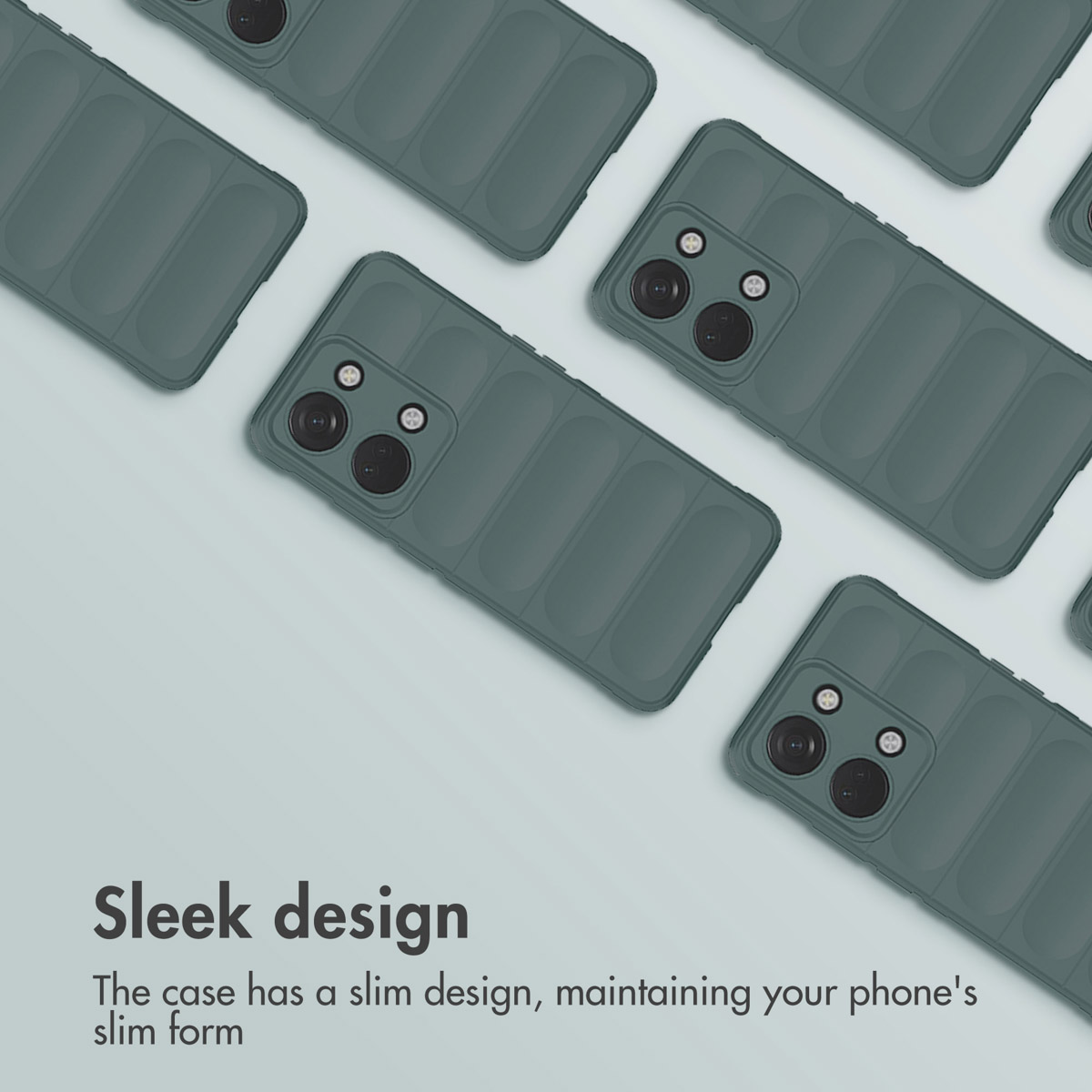 Diverse custodie per telefono verdi con design trapuntato sono disposte diagonalmente su sfondo grigio.