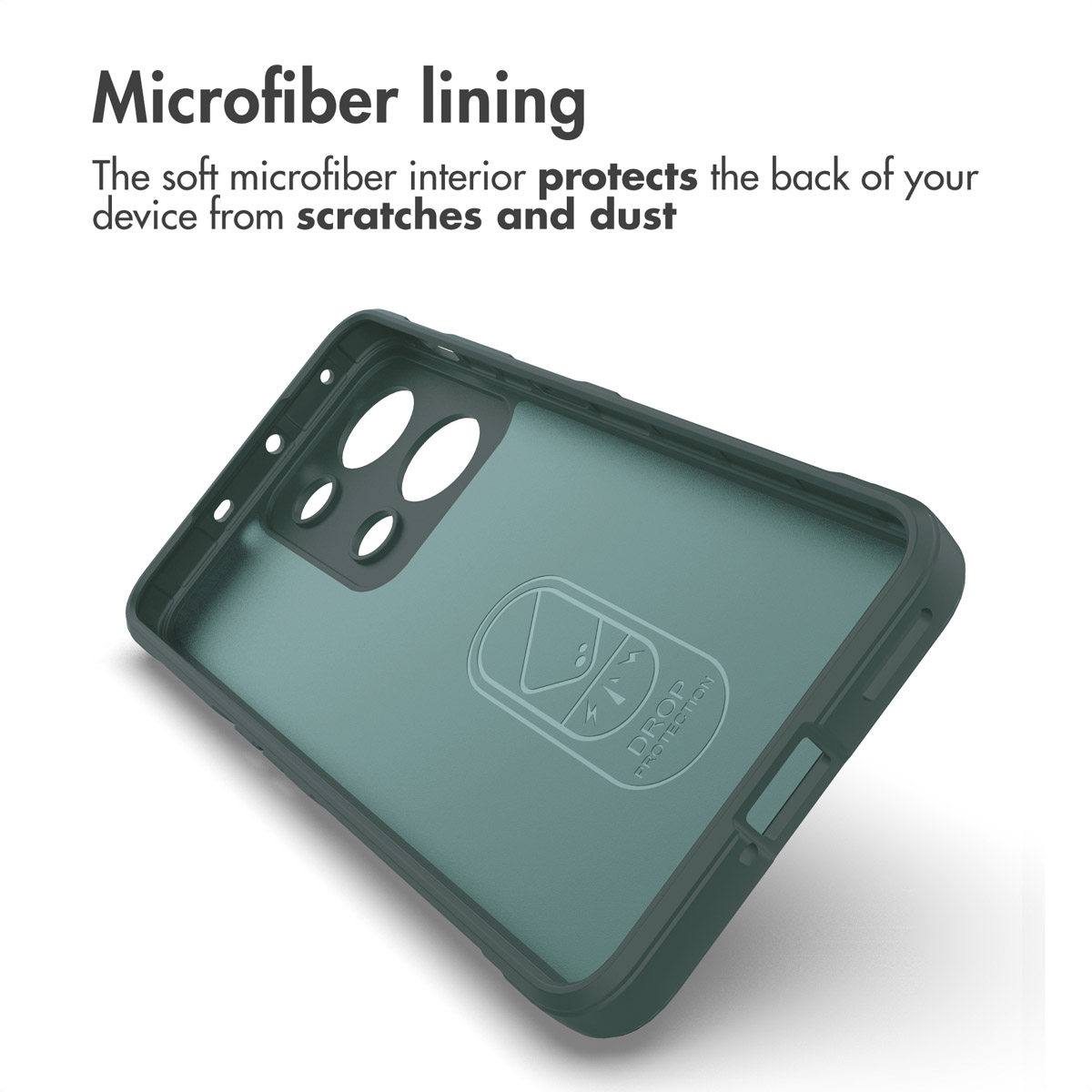 Custodia verde per telefono con interno in morbida microfibra per proteggere dai graffi.
