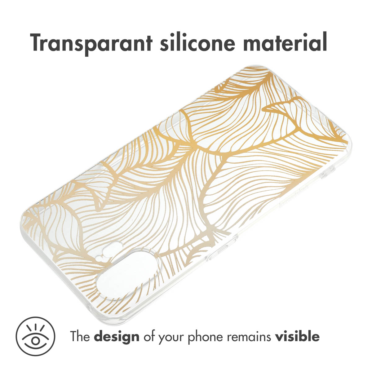 Transparente Silikon-Handyhülle mit goldenem Linien-Blättermuster auf weißem Hintergrund, mit Text.