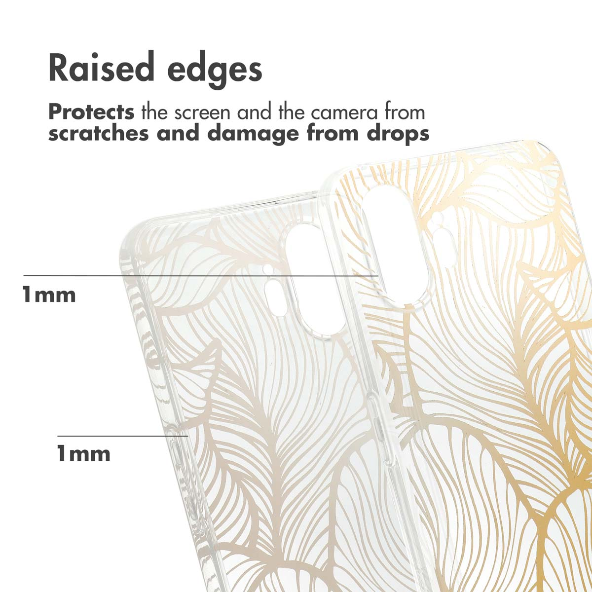 Transparente Handyhülle mit goldenem Blattmuster und 1mm erhöhten Kanten für Schutz.