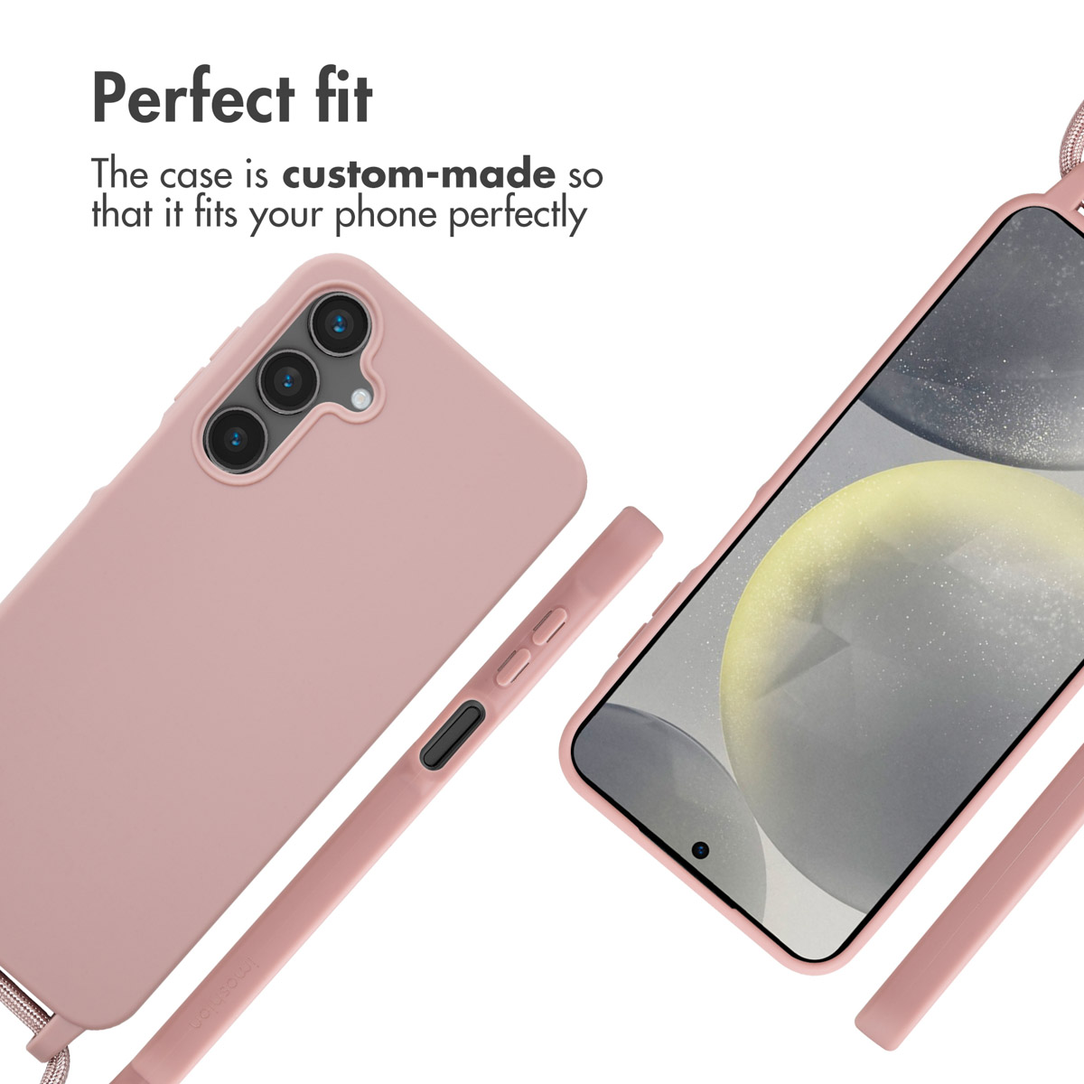 Funda de smartphone rosa con correa vista de frente y dorso, con texto Perfect fit.