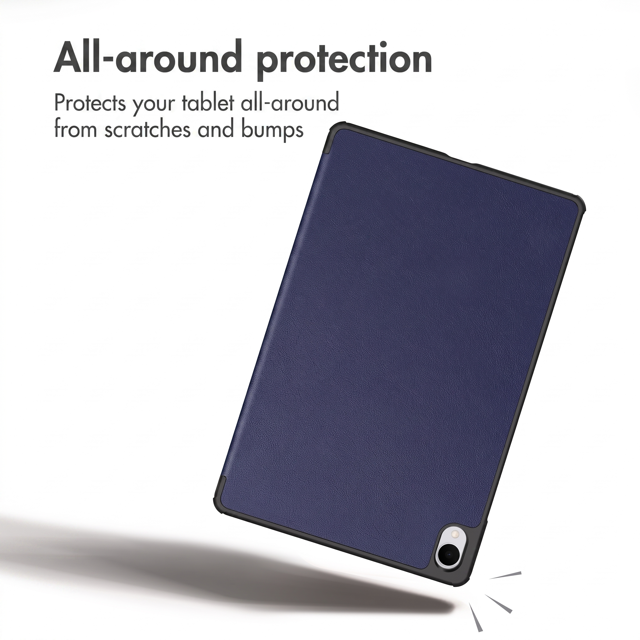 A dark blue tablet protective case with a black frame on a white background with promotional text.
