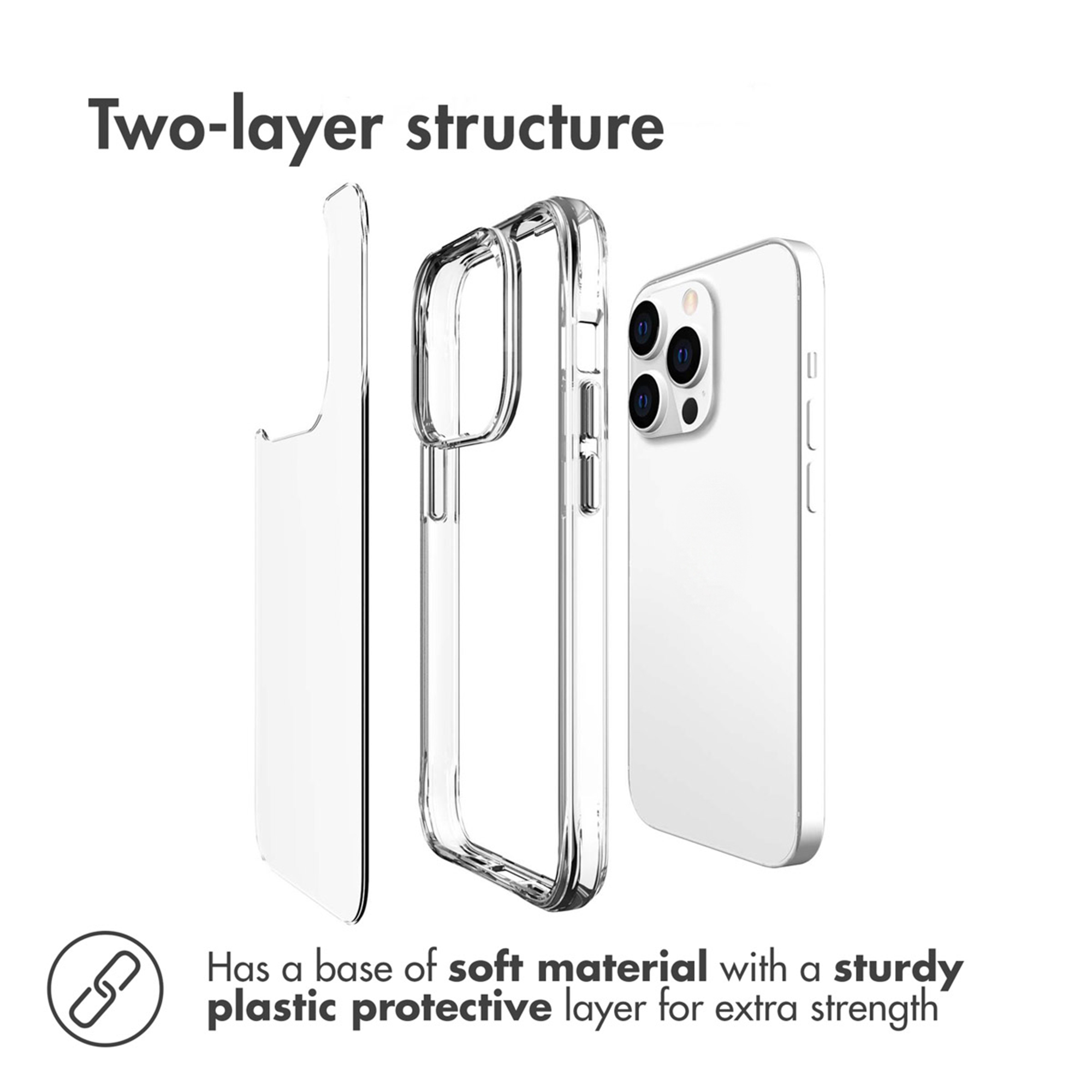 Diagrama de una funda de dos capas: base suave y capa protectora de plástico resistente para mayor fuerza.