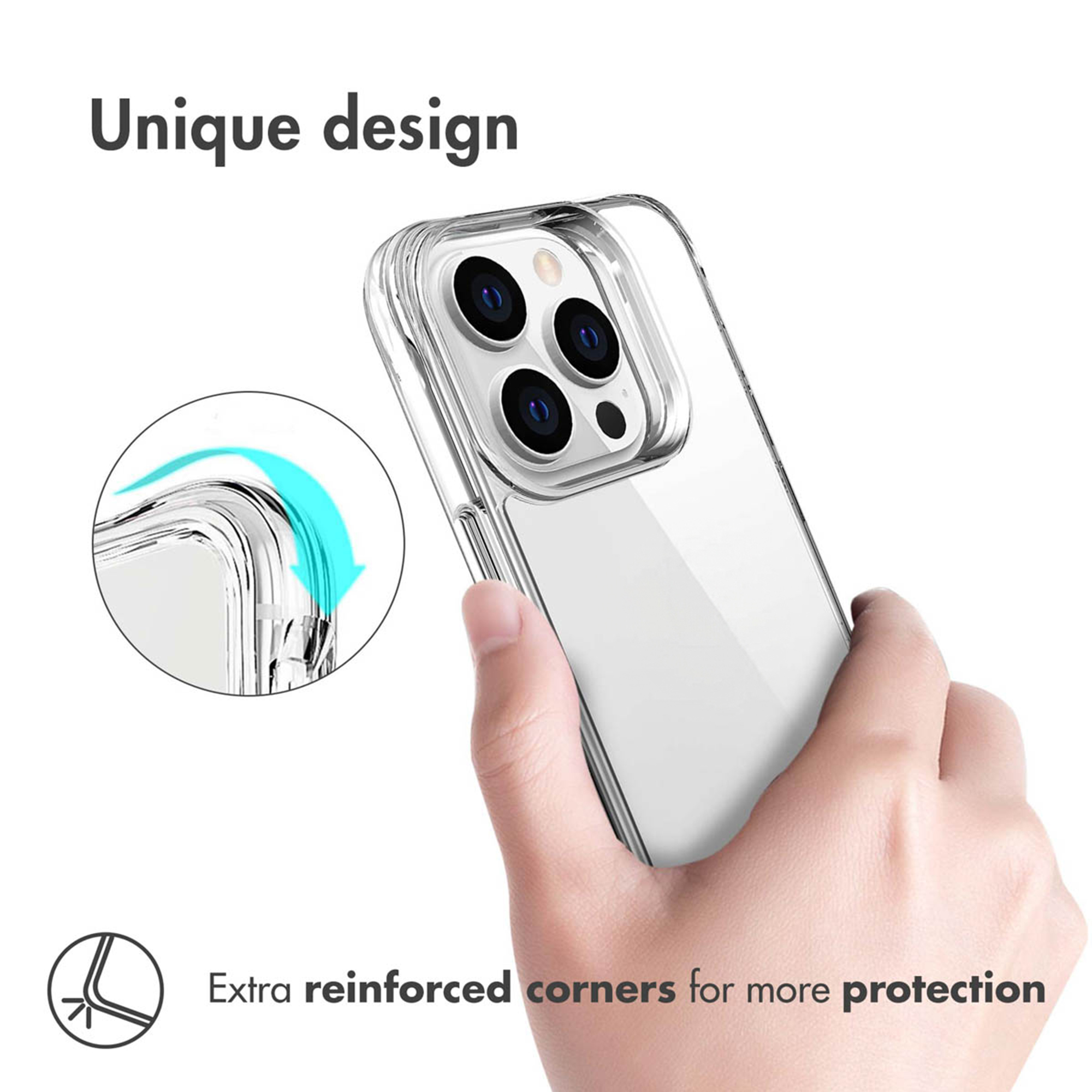 Mano sostiene una funda de teléfono transparente con esquinas reforzadas sobre fondo blanco.