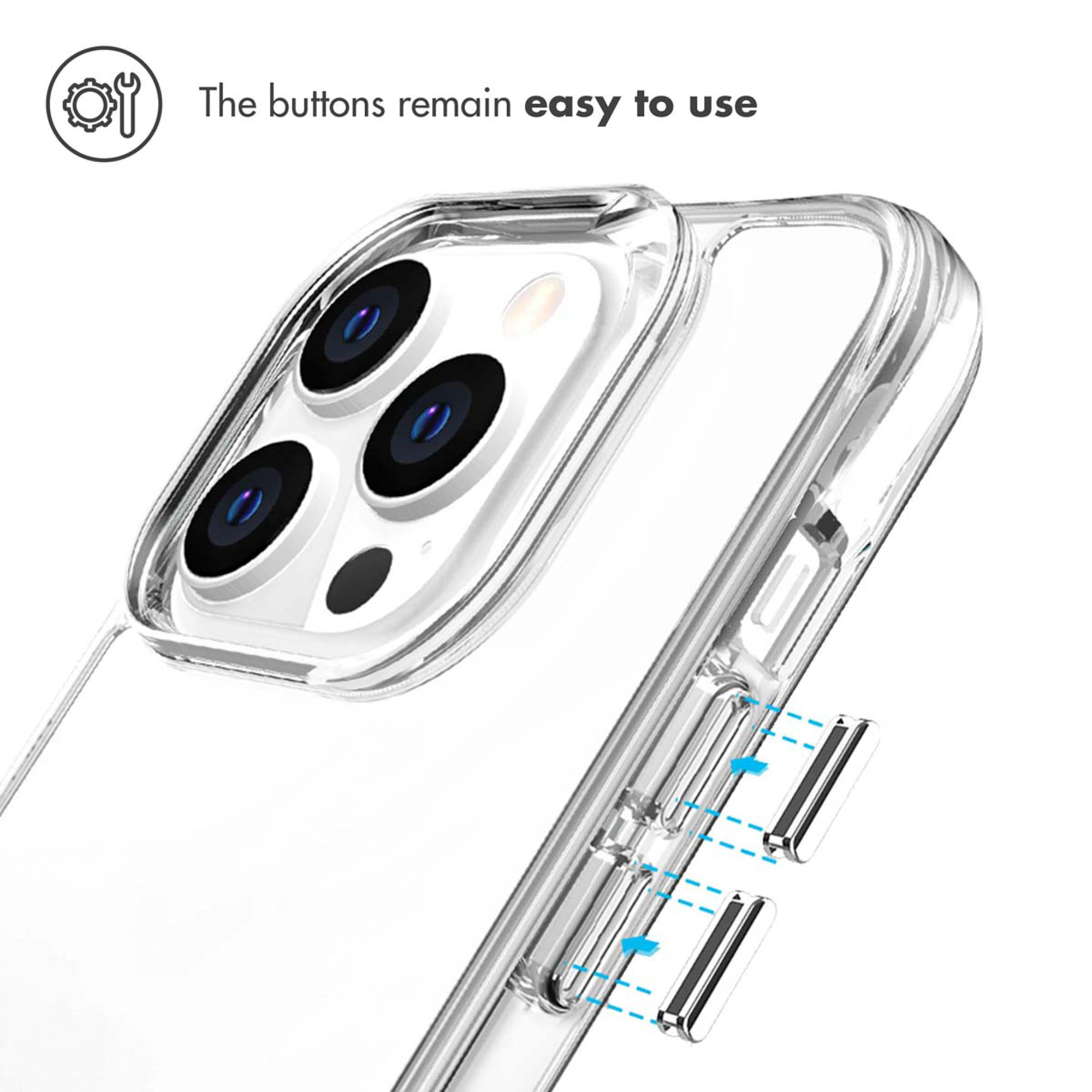Una funda de móvil transparente que destaca los botones laterales accesibles.