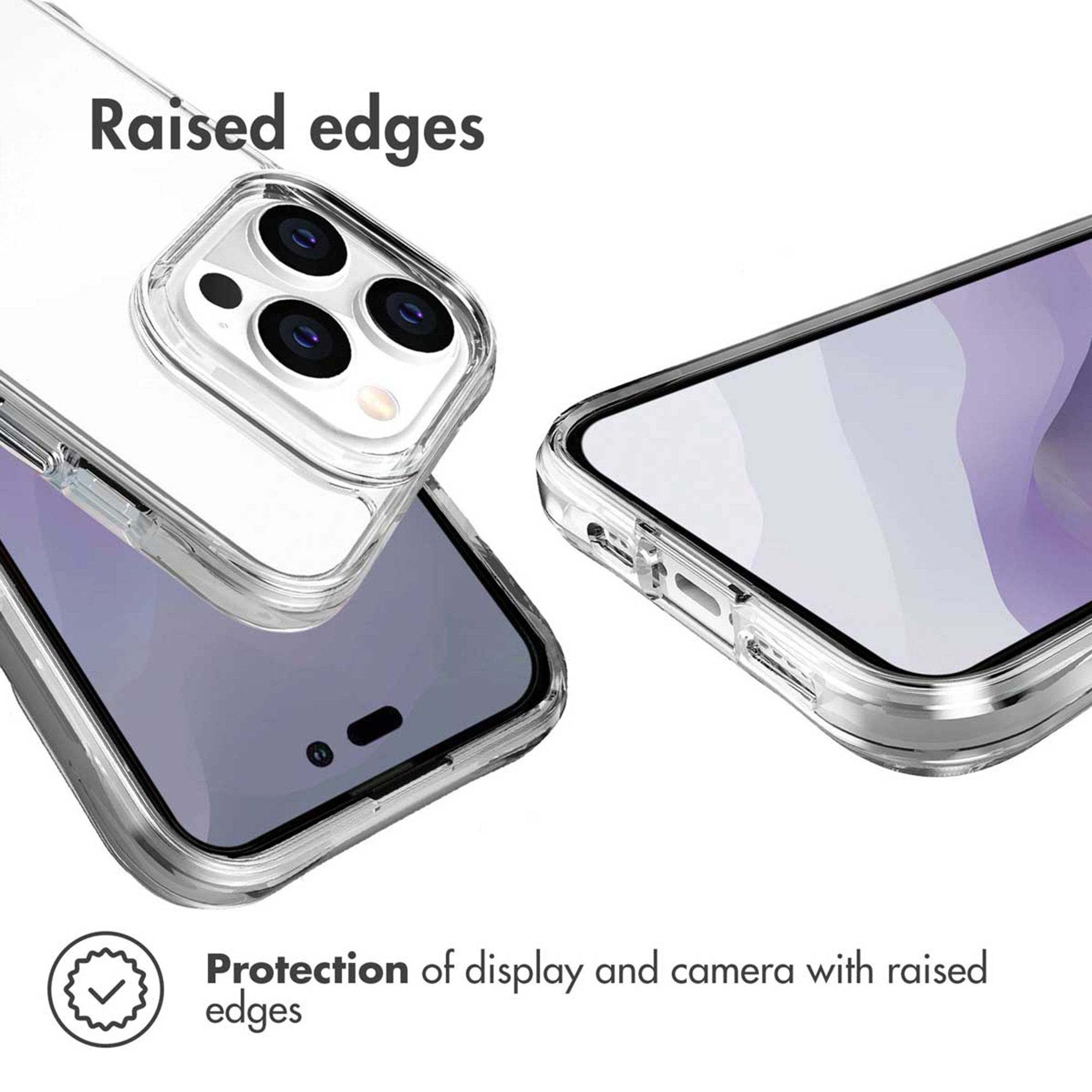 Un teléfono en una funda transparente que destaca bordes elevados para proteger cámara y pantalla.