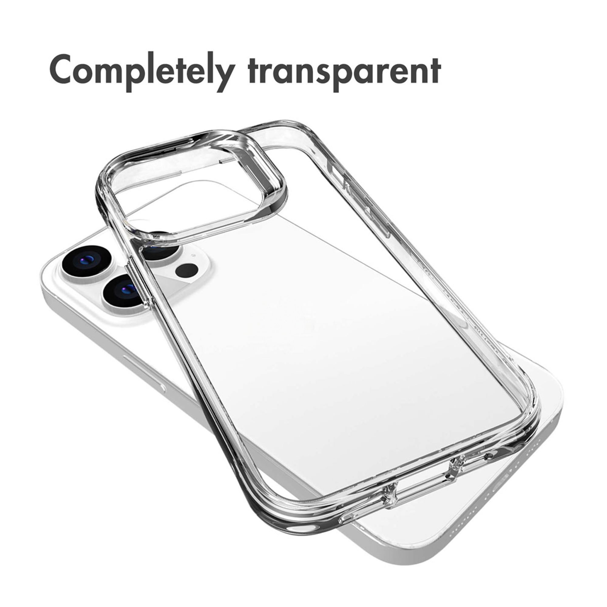Una funda protectora completamente transparente descansa sobre un teléfono inteligente plateado.