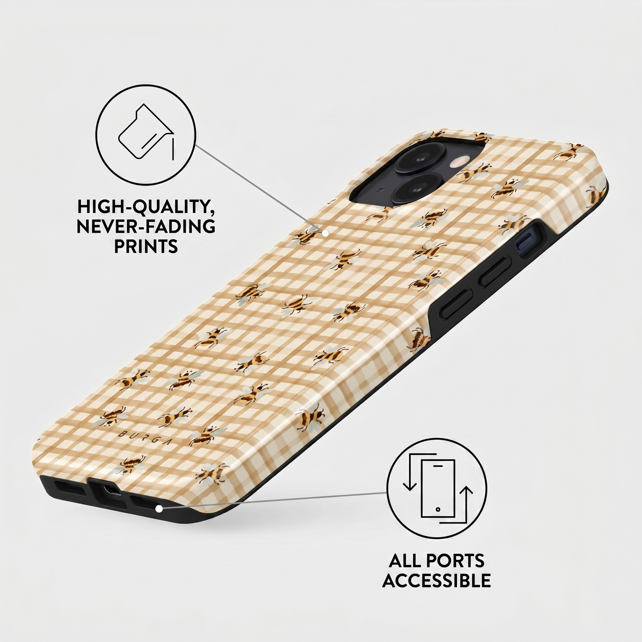 Beige geruite telefoonhoes met bijen; tekst benadrukt printkwaliteit en poorten.