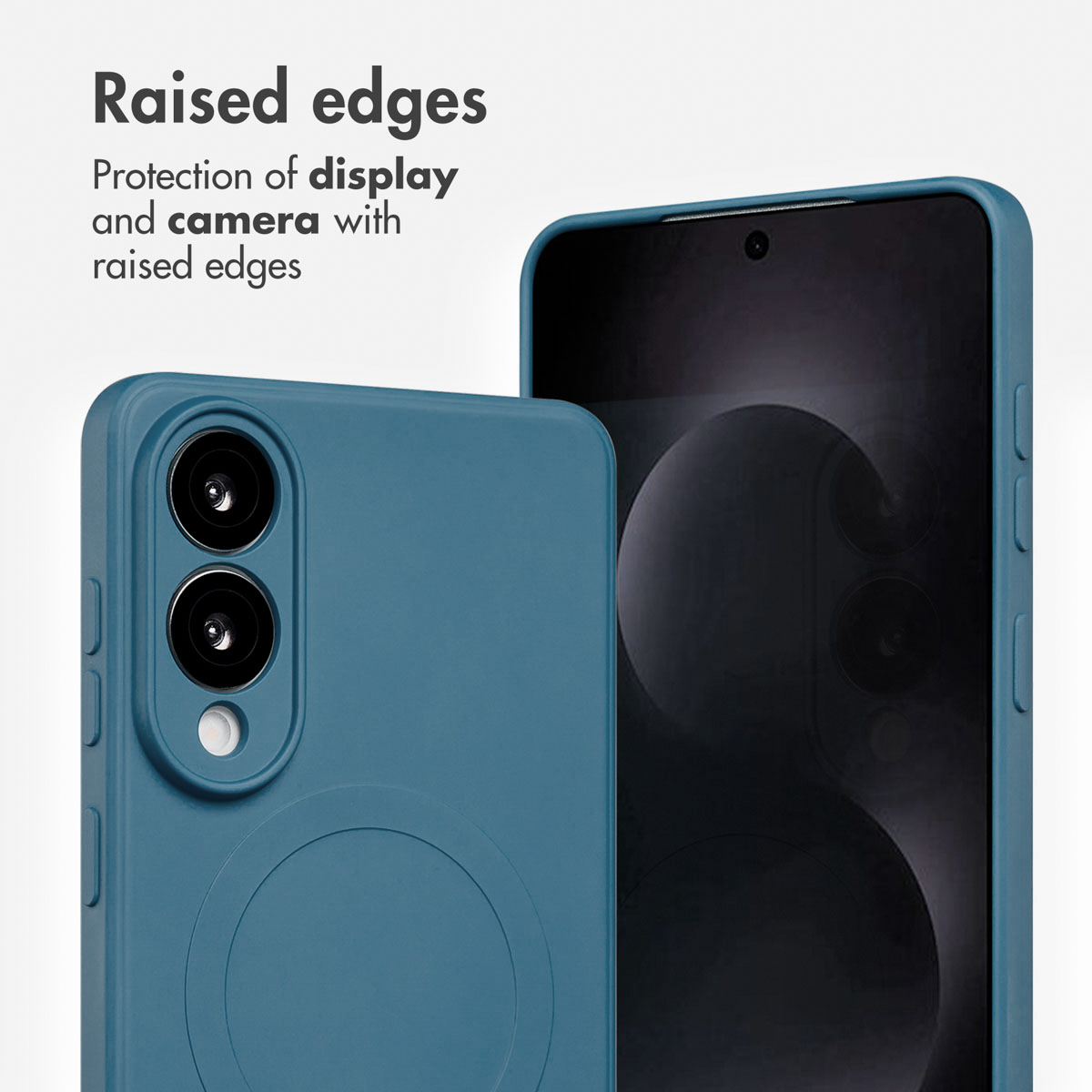 Blaue Smartphone-Hülle mit erhöhtem Rand für Display- und Kameraschutz, Vorder- und Rückseite.