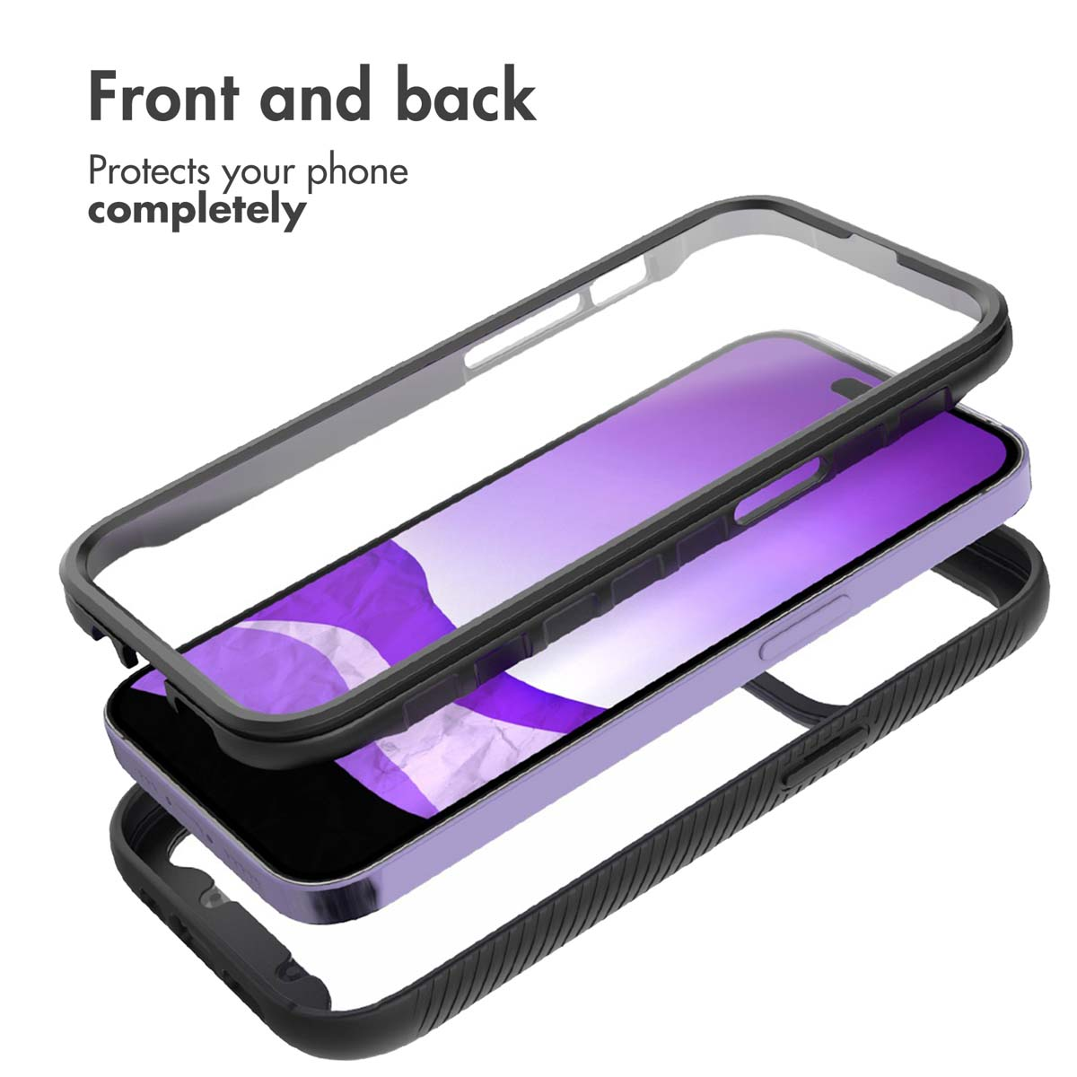 Vue éclatée d'un coque de téléphone violette avec cadres avant et arrière pour une protection complète.