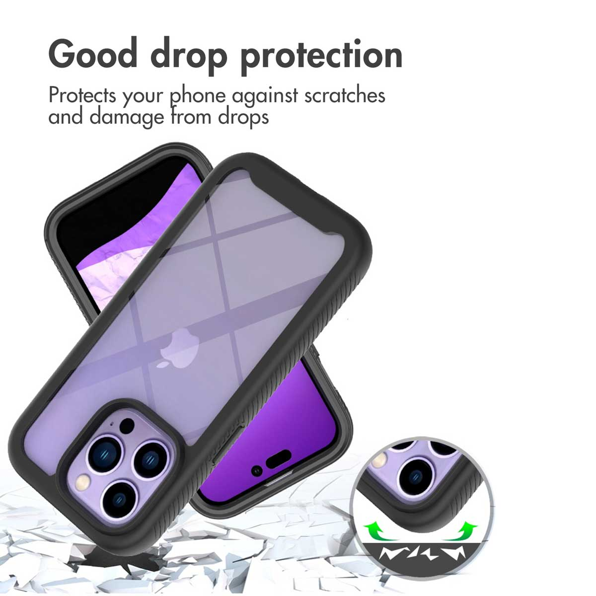 Téléphone violet dans une coque noire avec texte de protection.