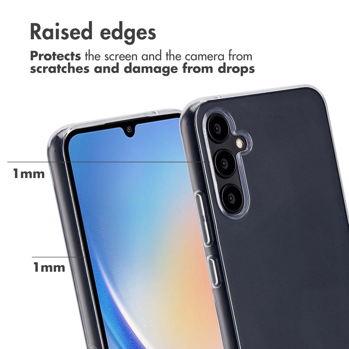 Smartphone en funda transparente que muestra bordes elevados de 1 mm para proteger pantalla y cámara.