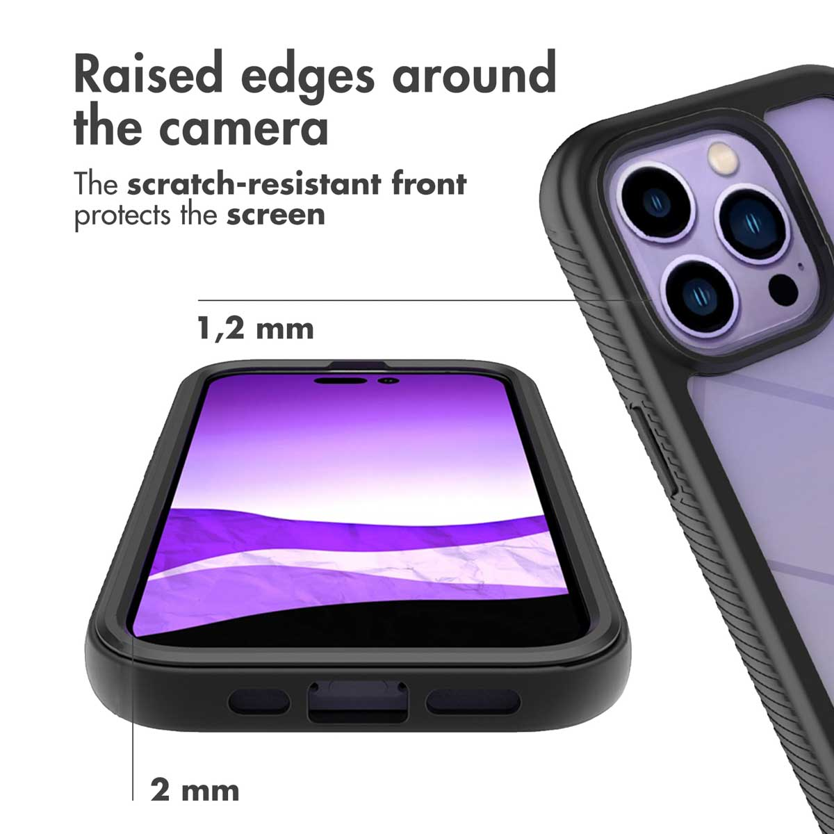 Coque de téléphone avec protection d'appareil photo et d'écran, montrant des mesures de 1,2 mm et 2 mm.