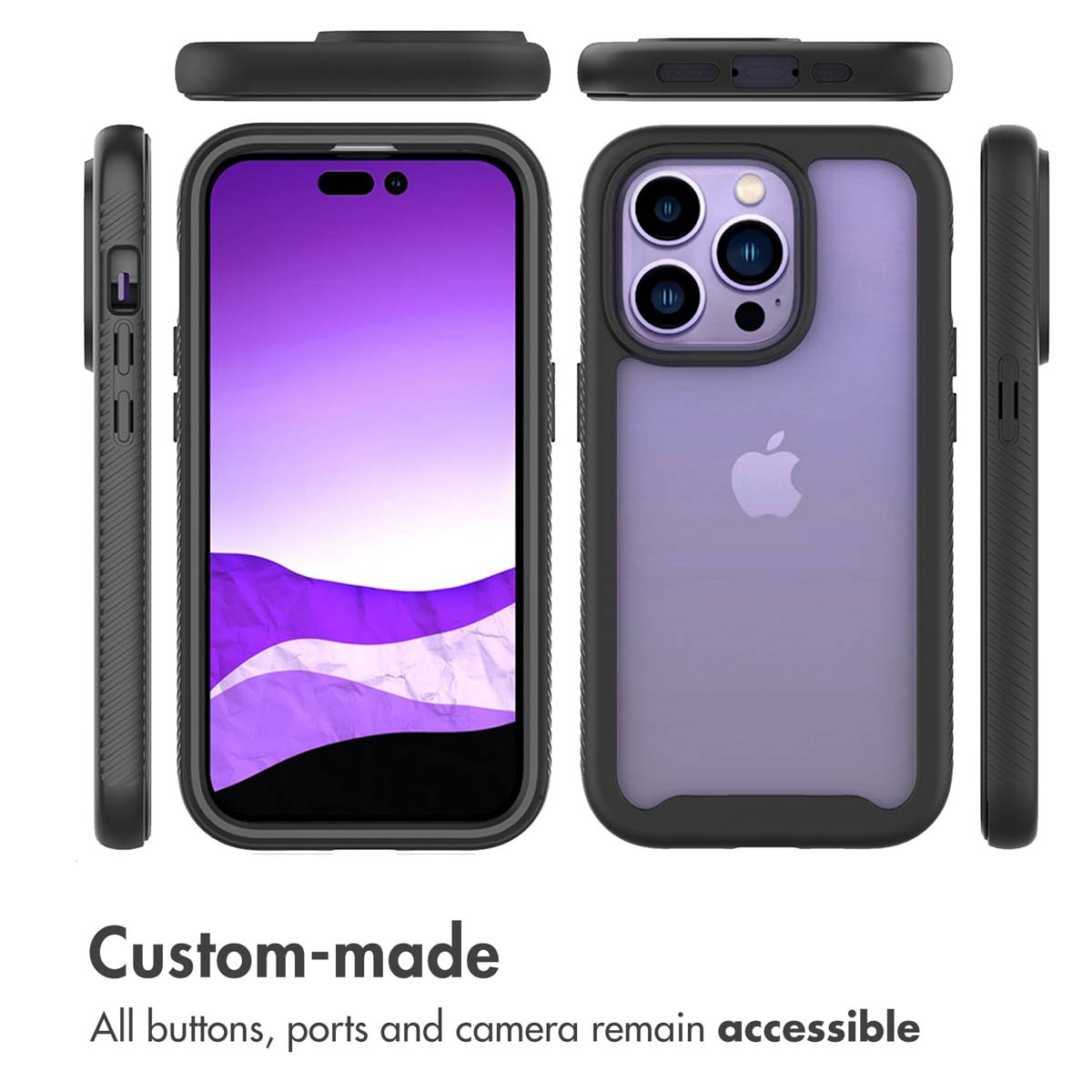 Plusieurs angles d'une coque de téléphone violette sur un iPhone violet avec un pare-chocs noir.