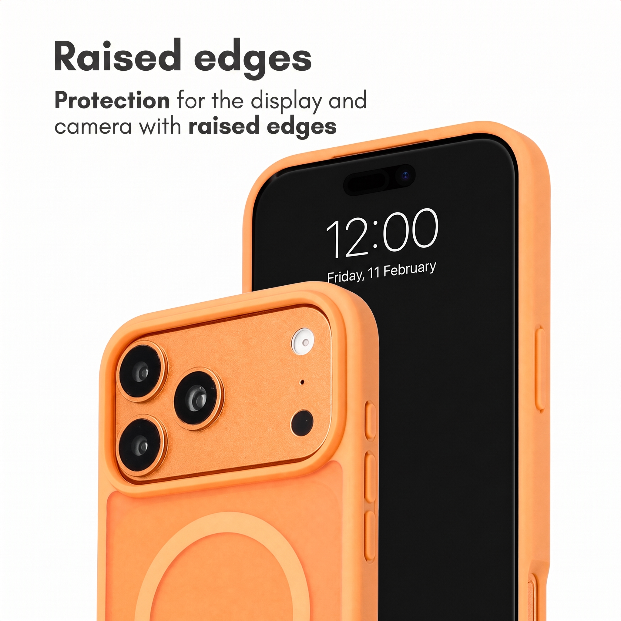 Coque de téléphone orange avec des bords surélevés protégeant l'écran et la caméra.