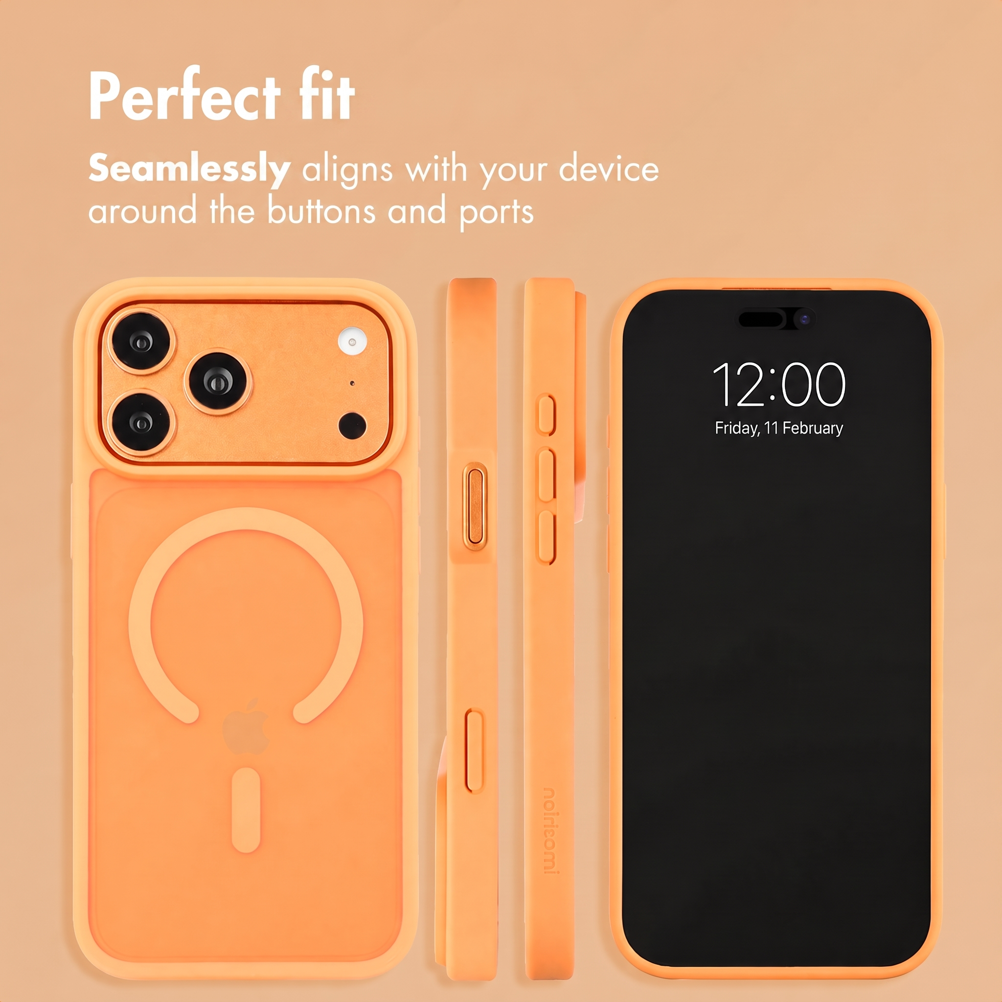 Coque de téléphone orange sur fond beige montrant l'arrière, les côtés et l'avant.