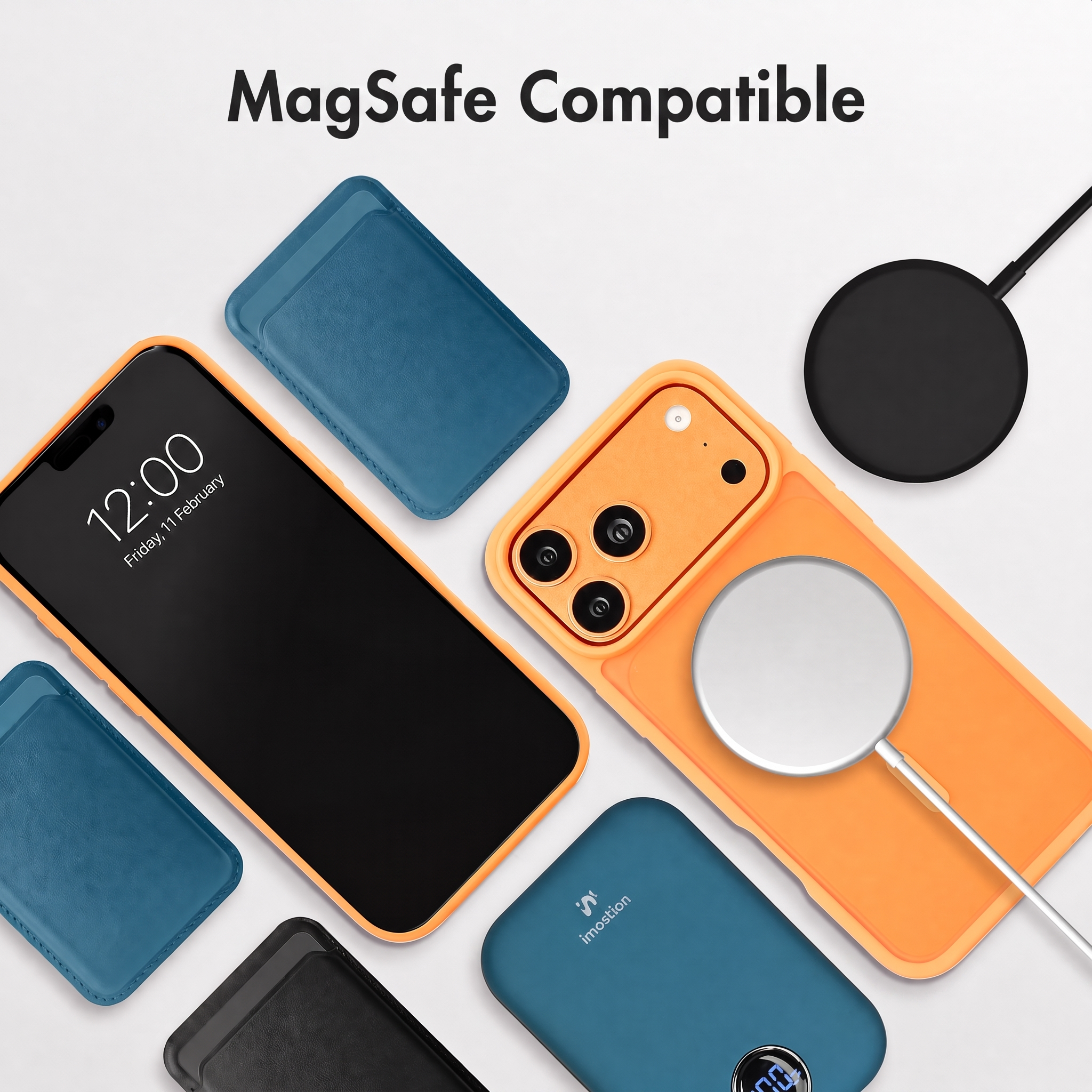 Accessoires MagSafe incluant téléphone, coque orange, étuis bleus, batterie externe et chargeurs.