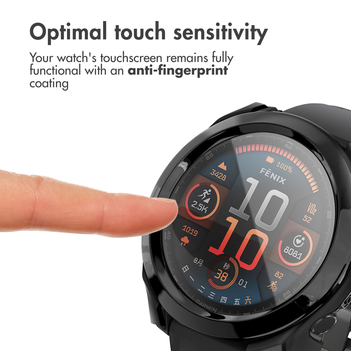 Un dedo toca la pantalla de un reloj inteligente negro con datos como hora y estadísticas.