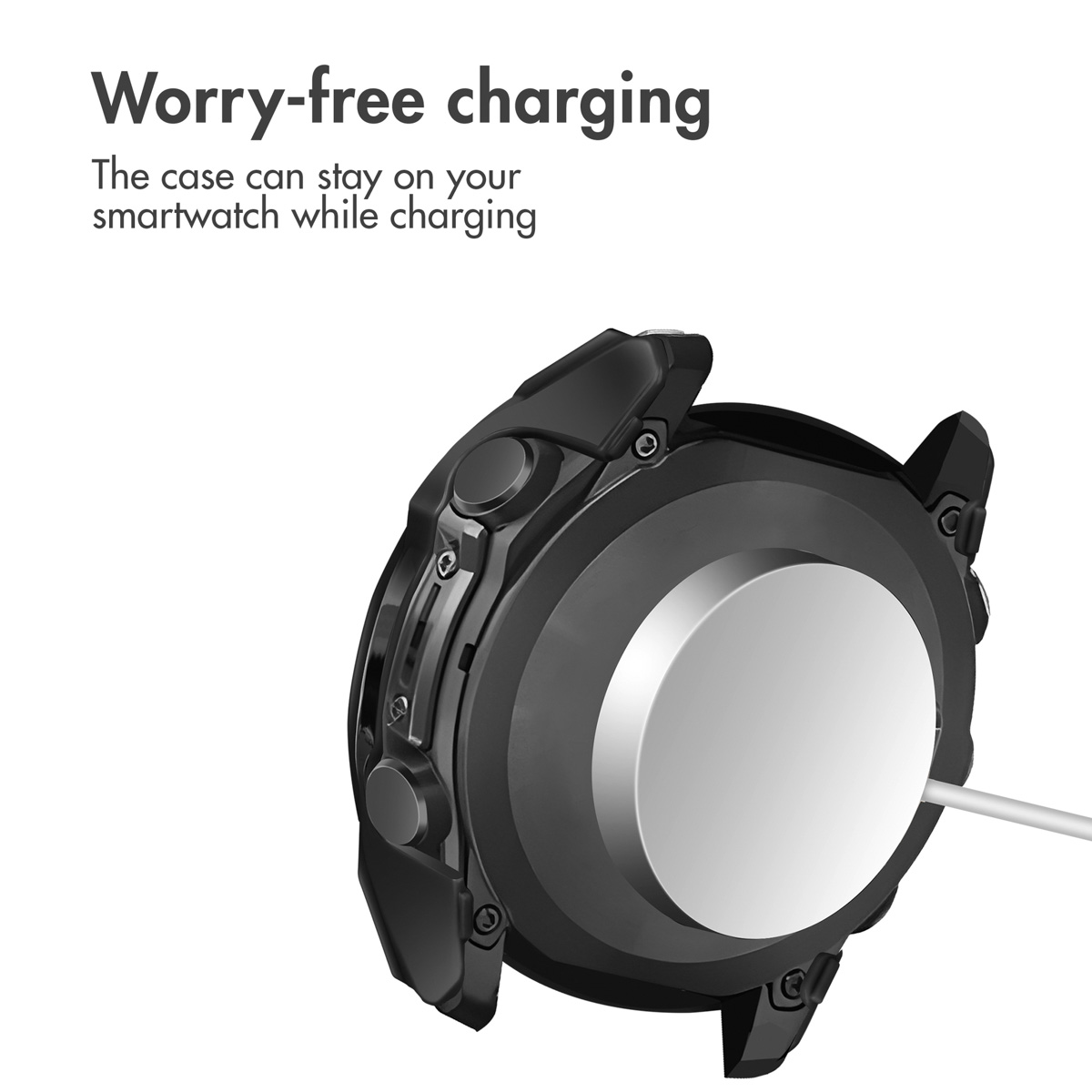 Reloj inteligente negro en una funda con cable de carga conectado.