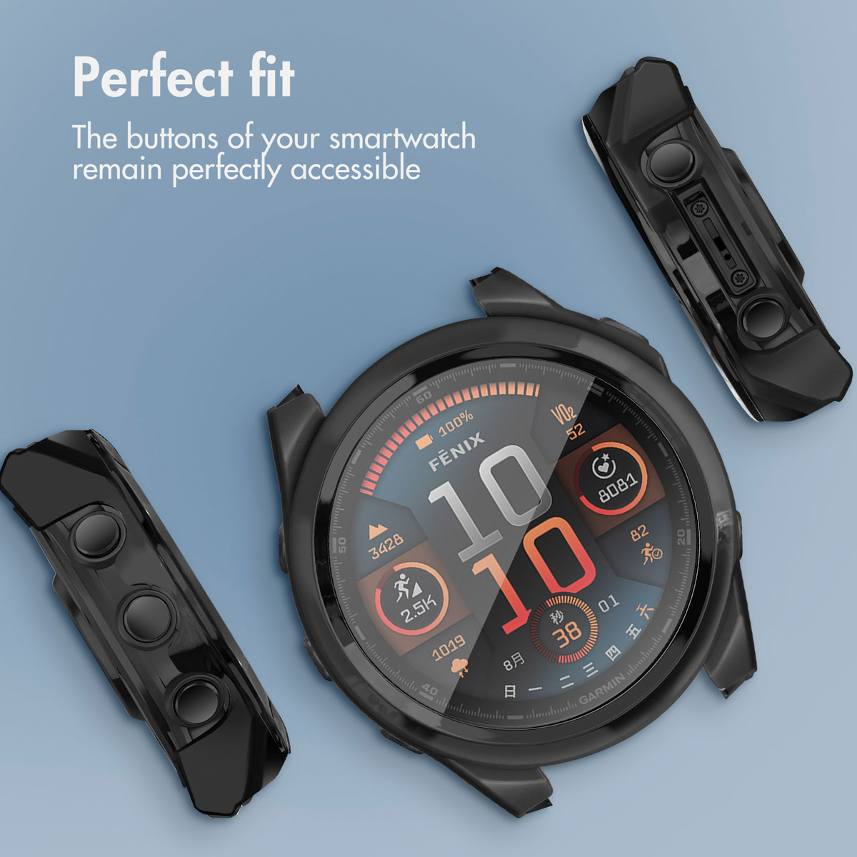 Funda protectora de reloj inteligente negra con piezas laterales desmontables sobre fondo azul.
