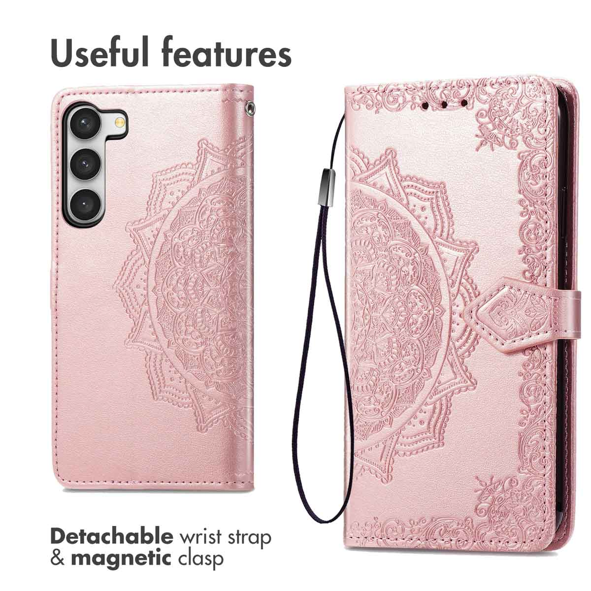 Custodia per telefono rosa con goffratura mandala, laccetto e chiusura.