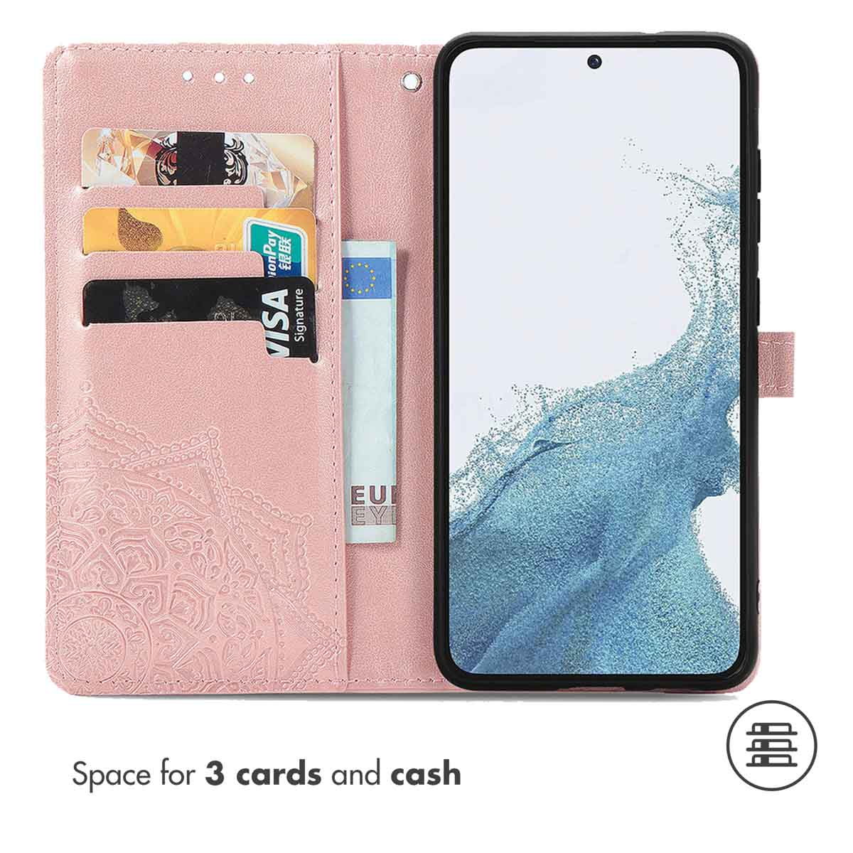 Custodia per telefono in pelle rosa con tre tasche per carte e una tasca per contanti.